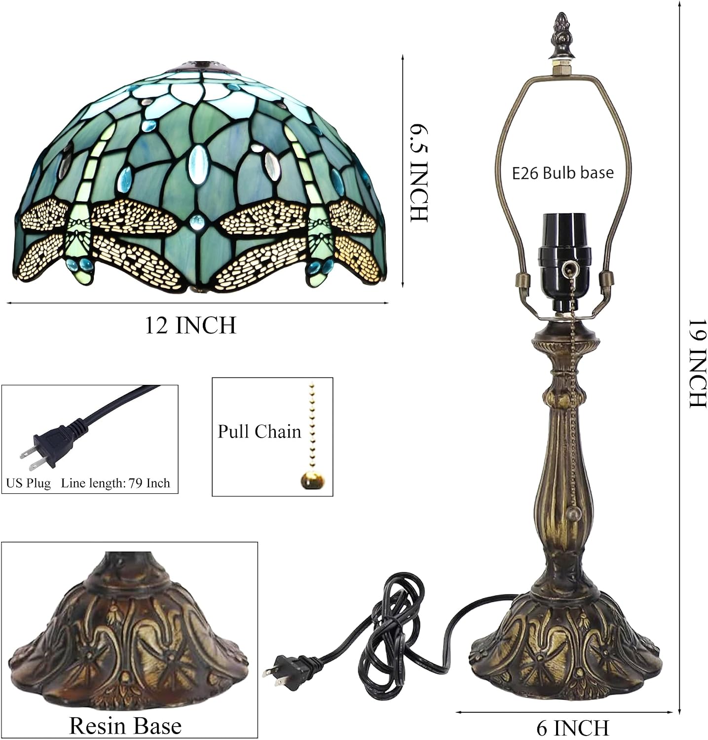 Tiffany Style Lamp Stained Glass Table Lamp Memory Sympathy Desk Reading Light 12X19 Inch (Sea Blue Dragonfly)