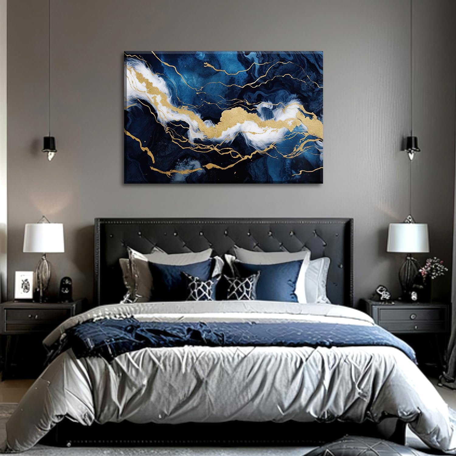 Large Navy Blue and Gold Wall Art Abstract Picture Living Room Decor Framed Modern Marble Texture Painting Canvas Prints for Bedroom Bathroom Home Office Ready to Hang - 32.00'x48.00'