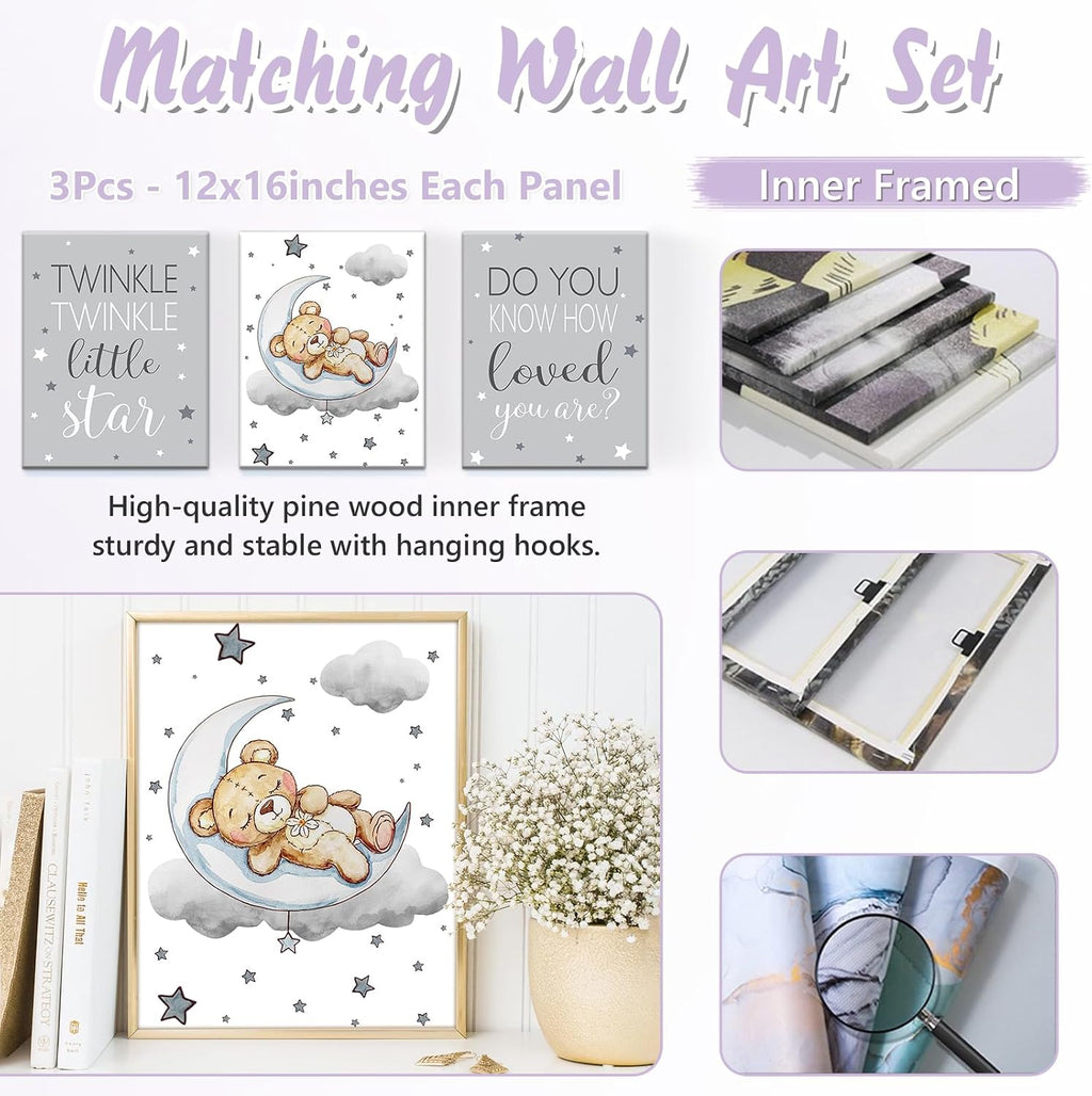 Personalized Baby Crib Bedding Set, 5 Pcs Custom Name Nursery Bedding Set for Girls Boys, Grey Moon Bear Baby Crib Set for Toddlers Infants, Double Layer Bedding Crib Sets Customized Gifts