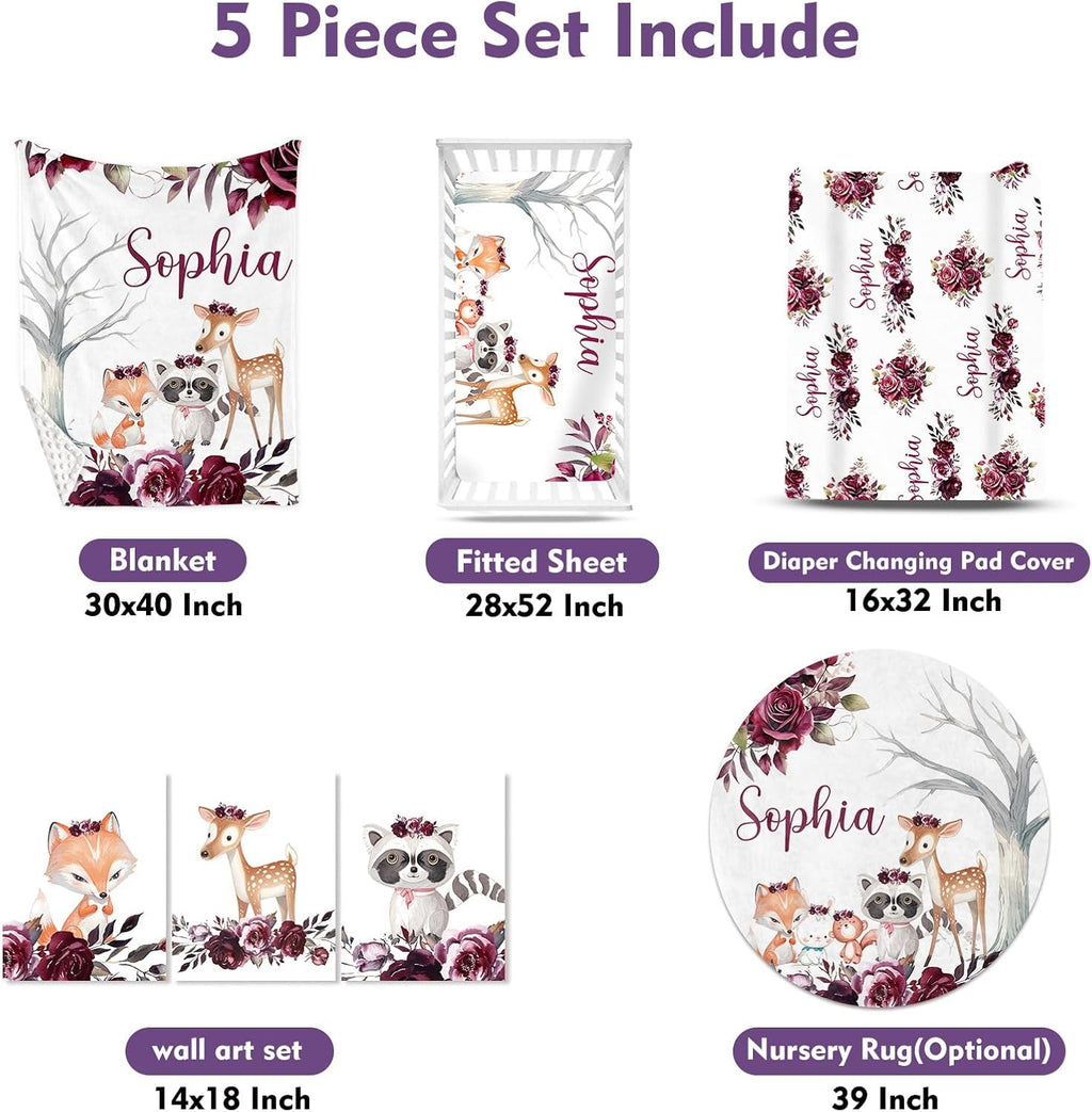 TOOTANN Custom Baby Crib Bedding Set, 5 Pcs Personalized Name Baby Crib Sheets for Kid Toddler Infant, Raccoons and Deer Nursery Bedding Set