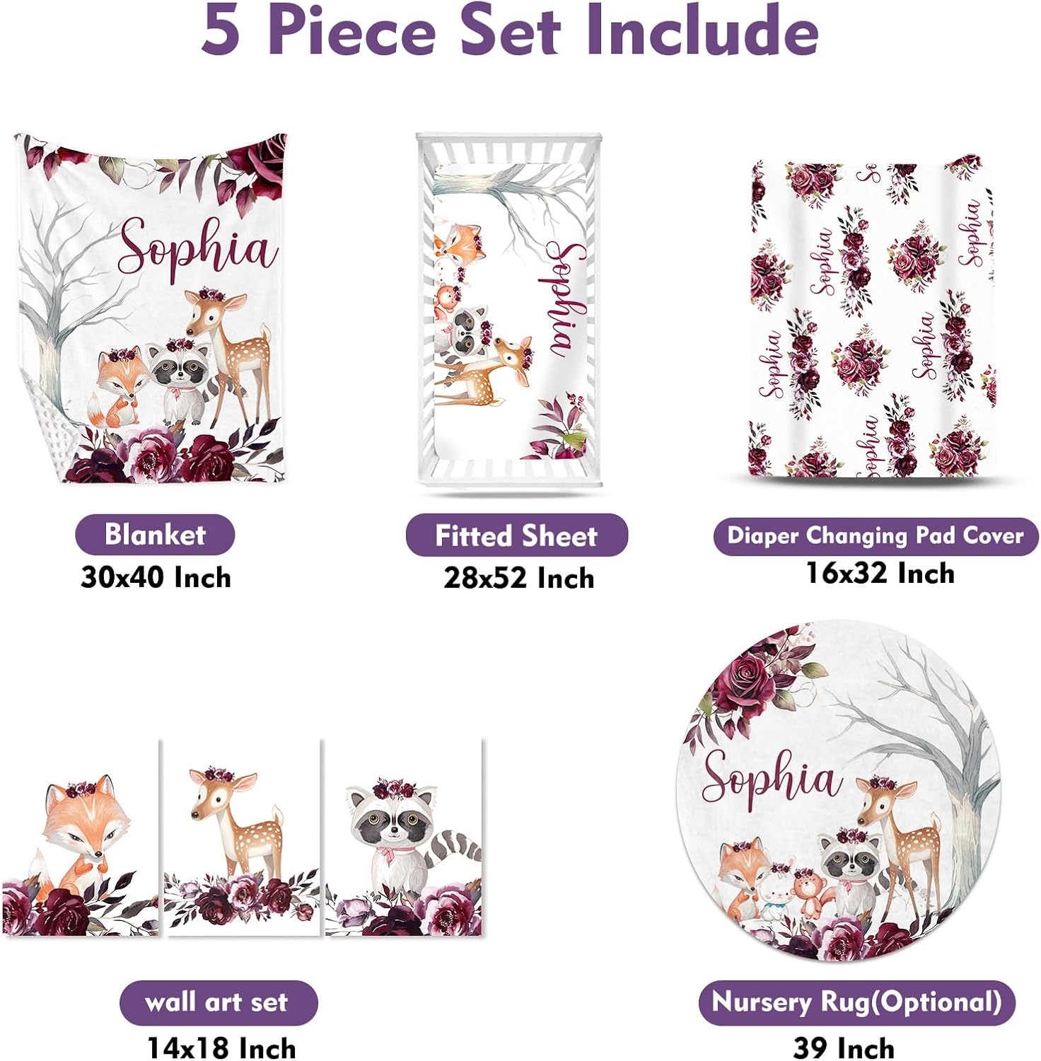 TOOTANN Custom Baby Crib Bedding Set, 5 Pcs Personalized Name Baby Crib Sheets for Kid Toddler Infant, Raccoons and Deer Nursery Bedding Set