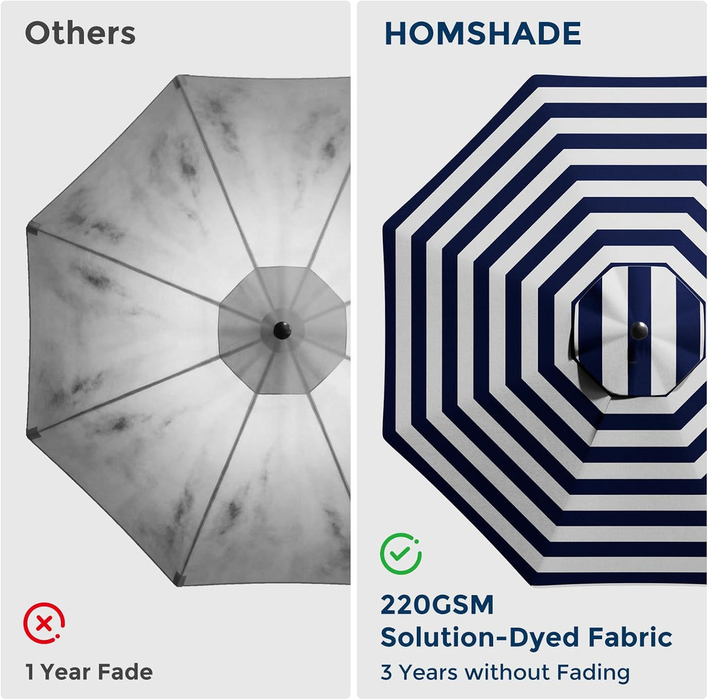 HOMSHADE 10ft Solar Lights Offset Cantilever Patio Umbrella - with Light and Base, LED Offset Patio Outdoor Umbrella UPF50+ UV Protection with Easy Tilt and Crank (Navy&White Stripes)