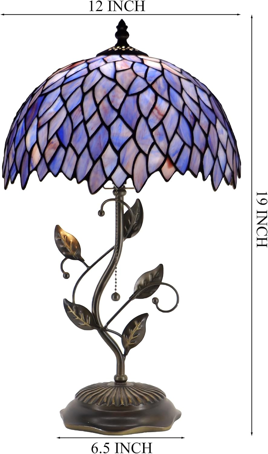Tiffany Table Lamp Stained Glass Desk Lamp Metal Leaf Base Reading Light 12X19 Inch (Wisteria Style)