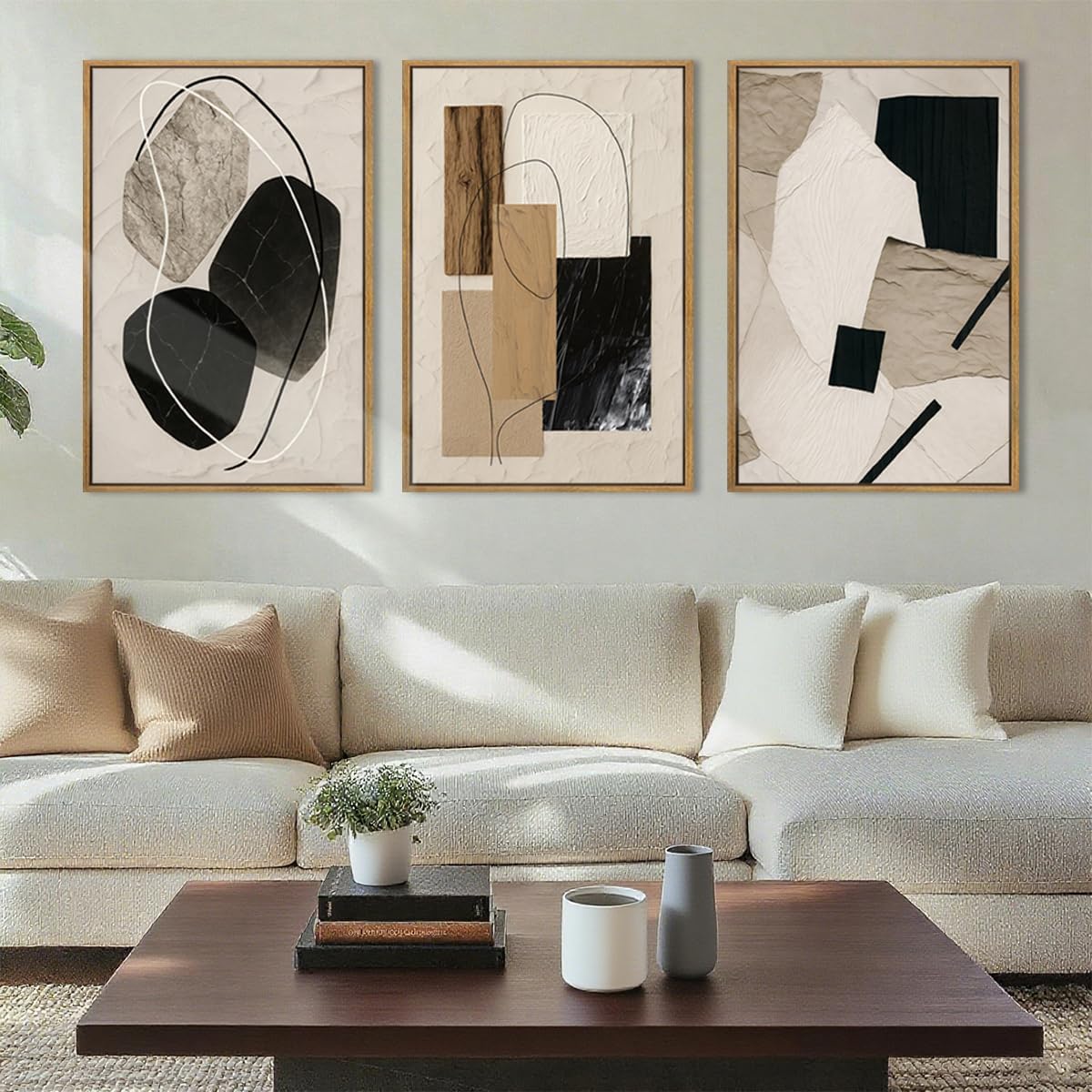 Large Abstract Paintings Framed Neutral Canvas Prints Mid Century Modern Wall Art Abstract Wall Decor Neutral Wall Pictures Elegant Modern Paintings for Living Room Bedroom Bathroom Office 36x24 Inch 3 Piece