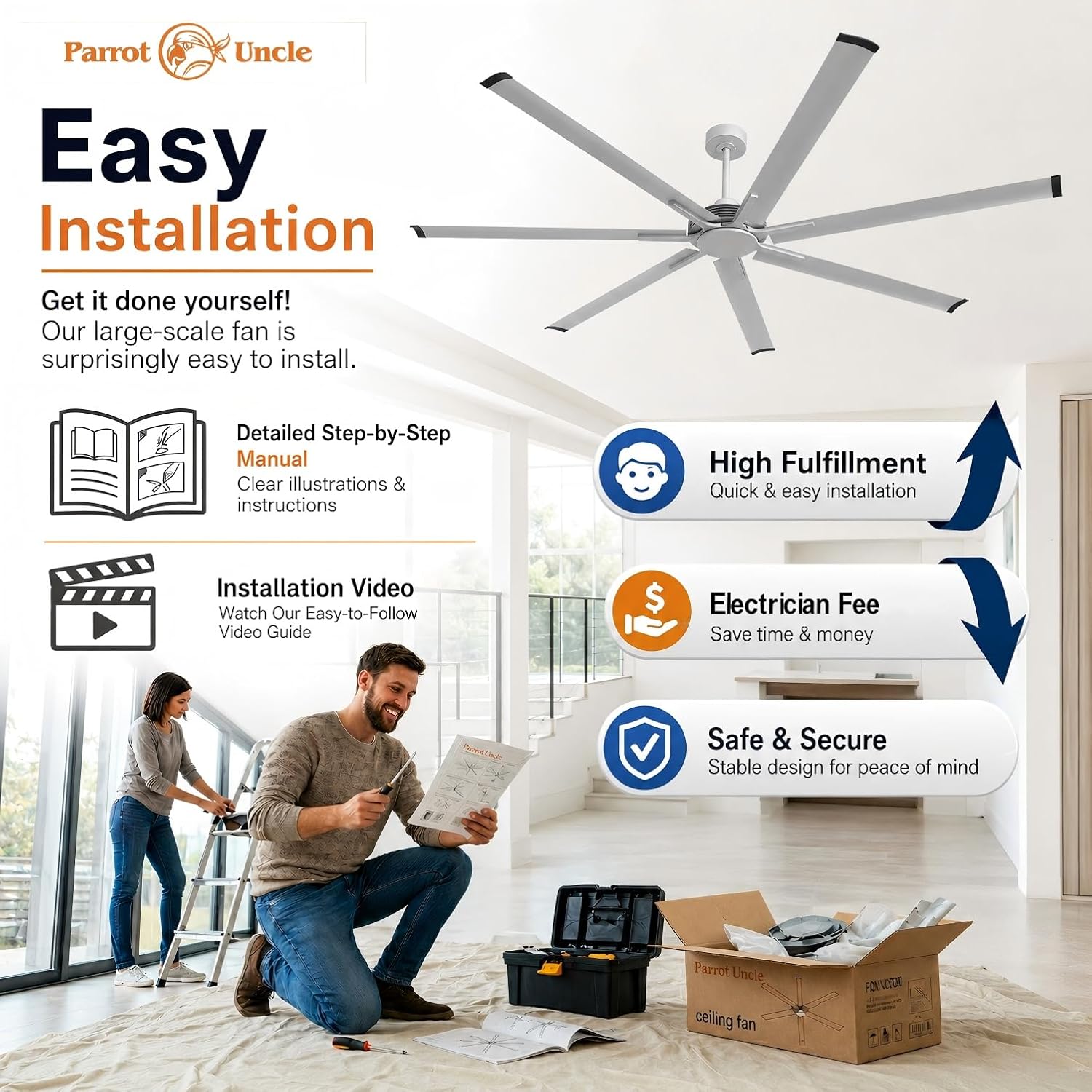 100 Inch Industrial Ceiling Fans with Remote Control Big Ceiling Fans without Lights for Living Room Shop Garage Bedroom, 6-Speed Reversible DC Motor Commercial Fans, Timer, Satin Nickel Finish