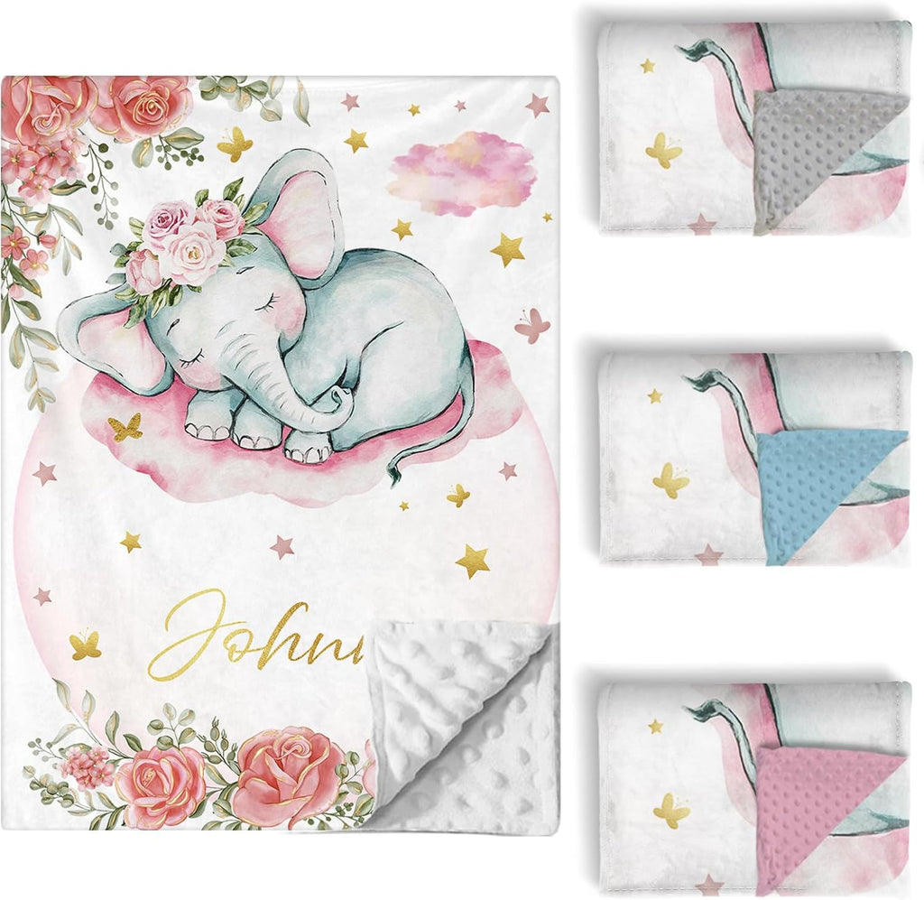 Personalized Baby Crib Bedding Set, 5 Pcs Custom Name Nursery Bedding Set for Girls Boys, Pink Elephant Baby Crib Set for Toddlers Infants, Double Layer Bedding Crib Sets Customized Gifts