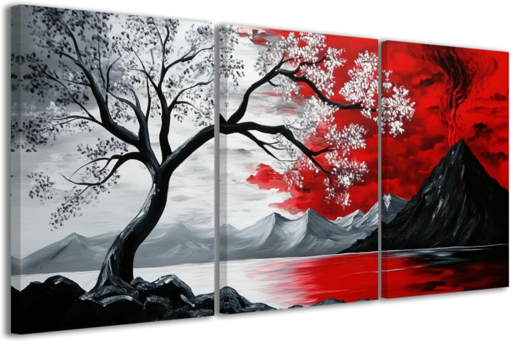 CCWACPP Black and Red 3pc Wall Art Abstract Seascape Paintings Cloud Tree Art Prints Landscape Canvas Pictures Modern Living Room Bedroom Home Decor Framed (24'x36'x3)