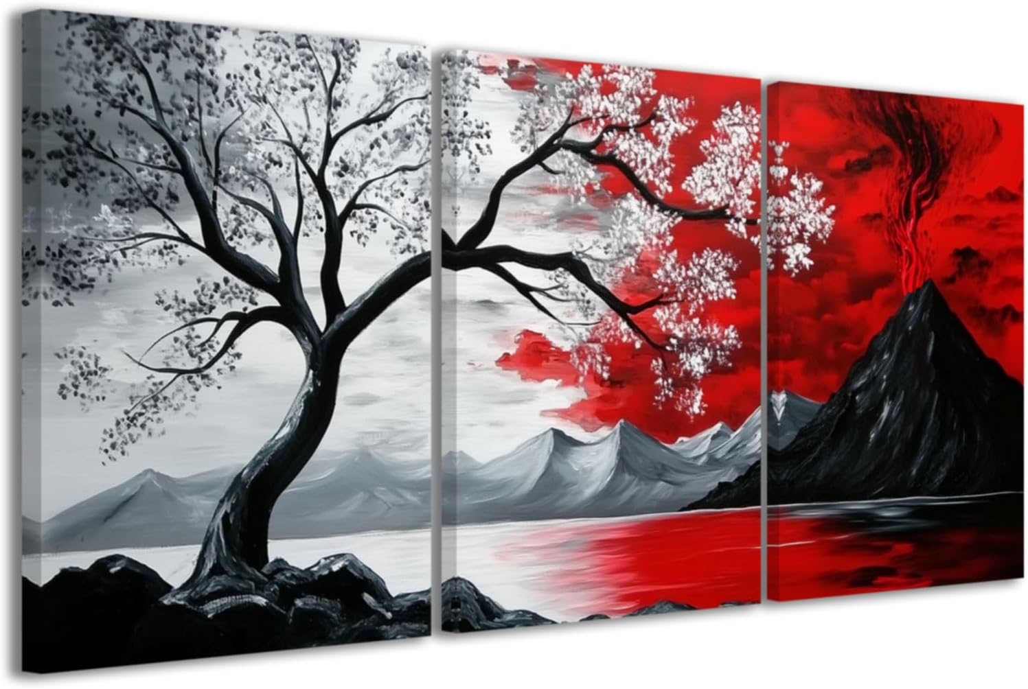 CCWACPP Black and Red 3pc Wall Art Abstract Seascape Paintings Cloud Tree Art Prints Landscape Canvas Pictures Modern Living Room Bedroom Home Decor Framed (24'x36'x3)