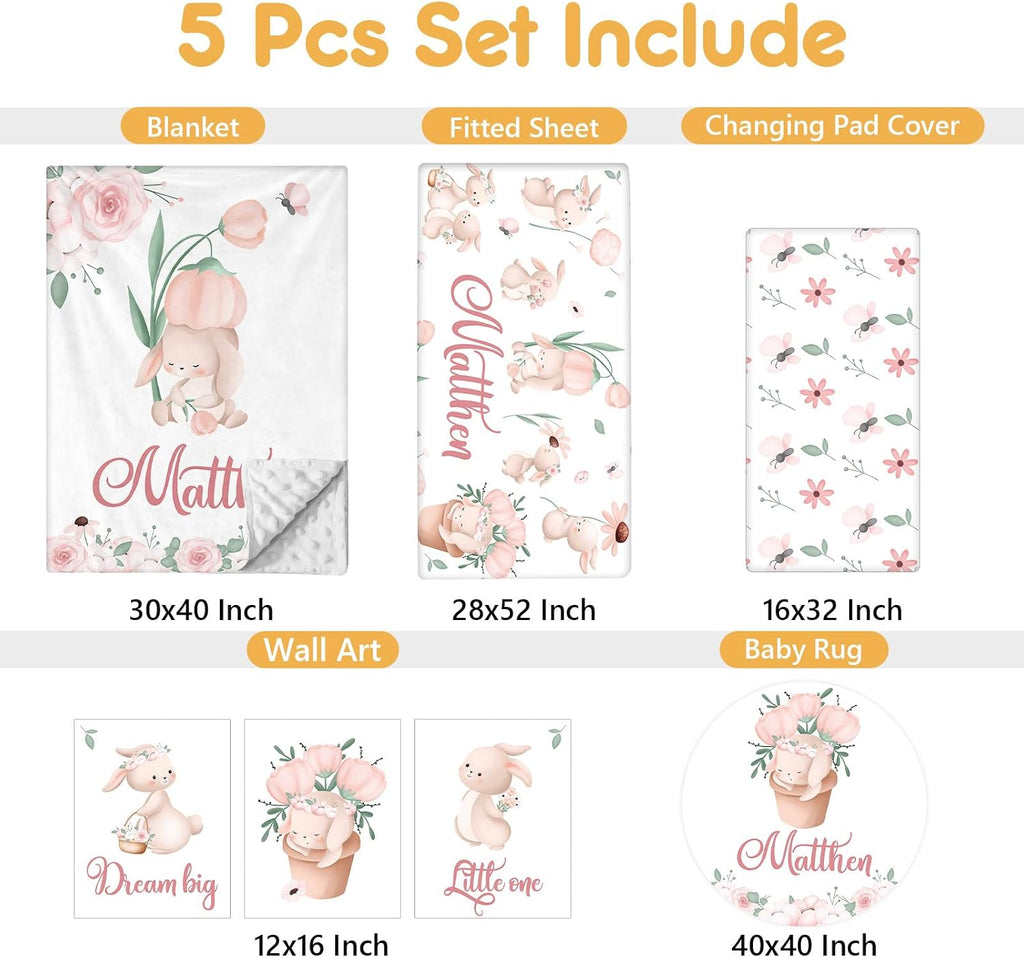 Terwex Custom Baby Crib Bedding Set - 5 Pcs Personalized Name Baby Crib Set with Double Layer Blanket - Soft Tulip Bunny Nursery Bedding Set for Girls Boys - Customized Gifts for Infants Toddlers