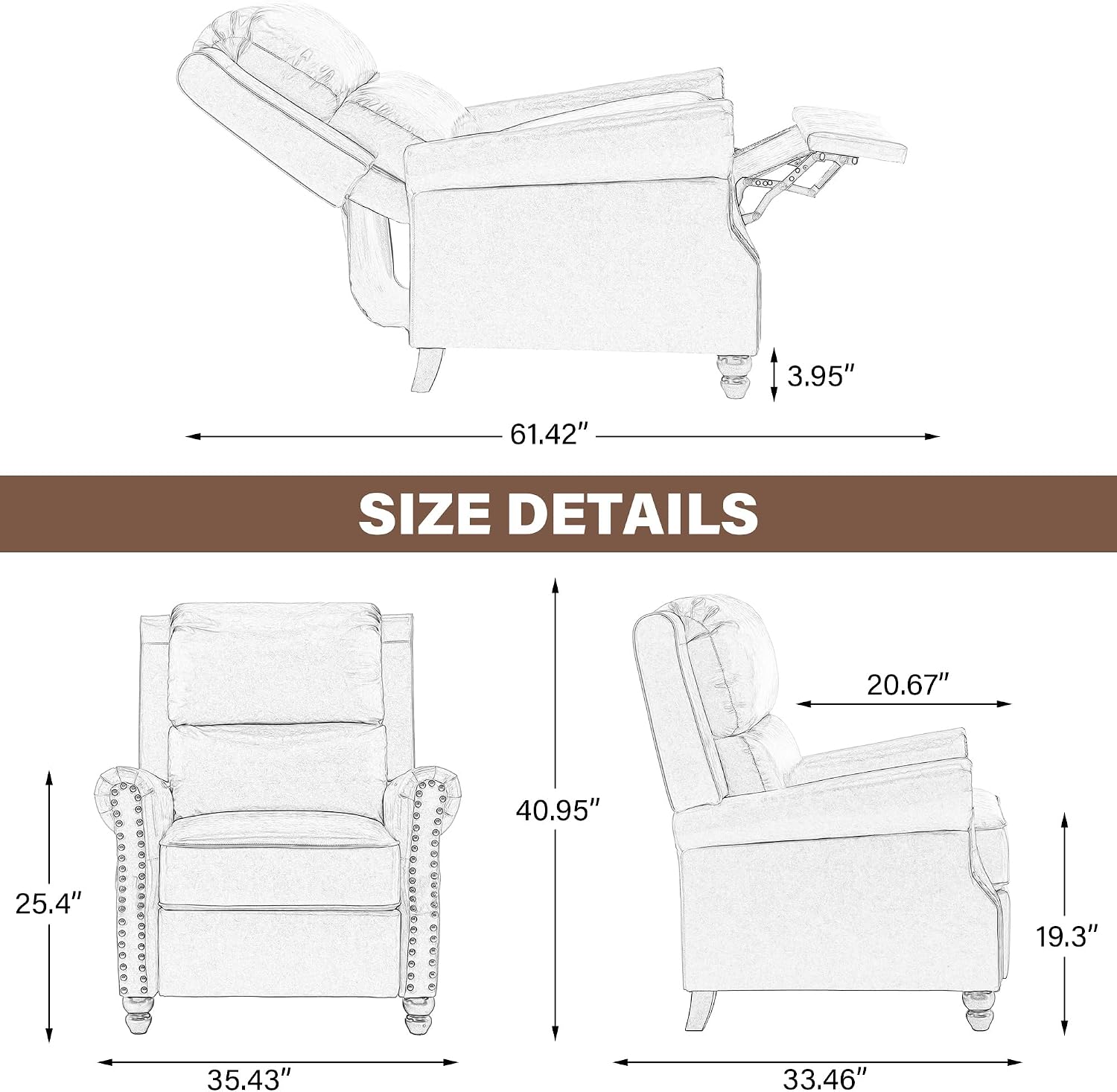 Pushback Recliner Chairs Set of 2, PU Leather Armchair Push Back Accent Chair, Rivet Trim Club Chair Home Theater Overstuffed Single Sofa Reading Seat for Living Room, Black
