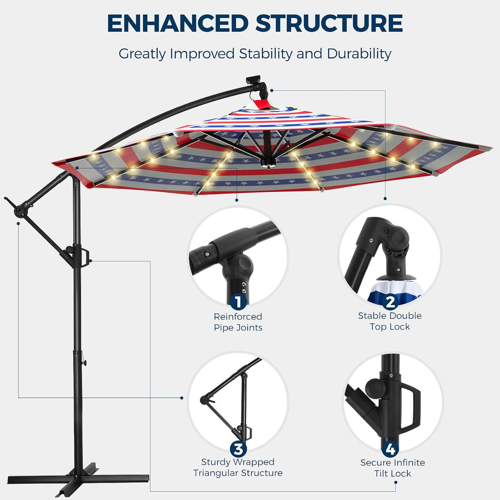 10ft Solar LED Cantilever Patio Umbrella, Stars and Stripes Patriotic Design Offset Outdoor Umbrella, Large Red White Blue Sun Shading with Base, Flag-Themed Decor for 4th of July, Memorial Day