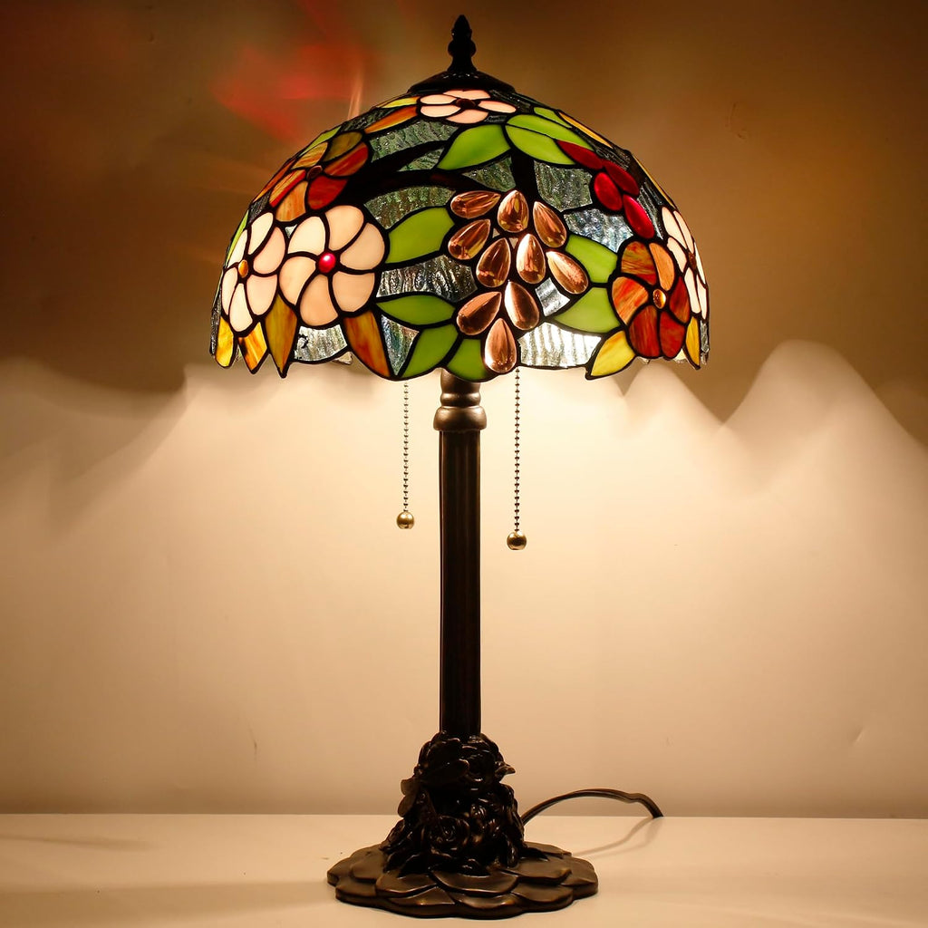 Tiffany Table Lamp Stained Glass Desk Lamp 12X12X21Inch Resin Base for Bedroom Living Room Reading Light (Green Purple Grape)