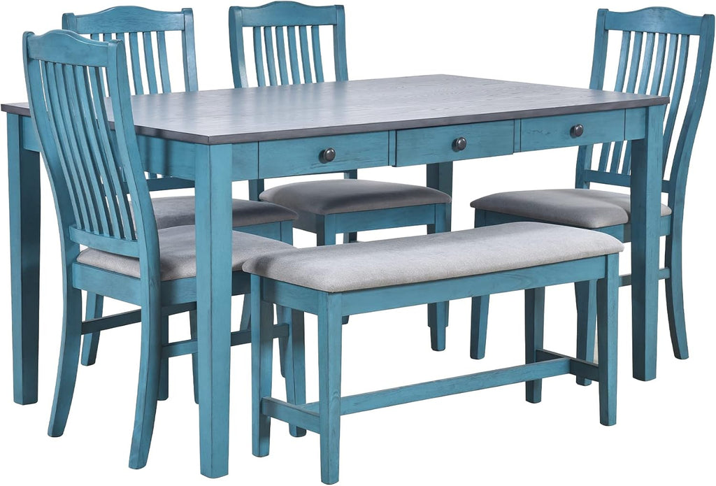 Compact 6-Piece Dining Table Set, Solid Wood Kitchen Dining Room Table Set with 4 Padded Ergonomic Chairs & Bench, 60'' Rectangular Table with Storage Drawer, Space-saving Design (Antique Blue-P)