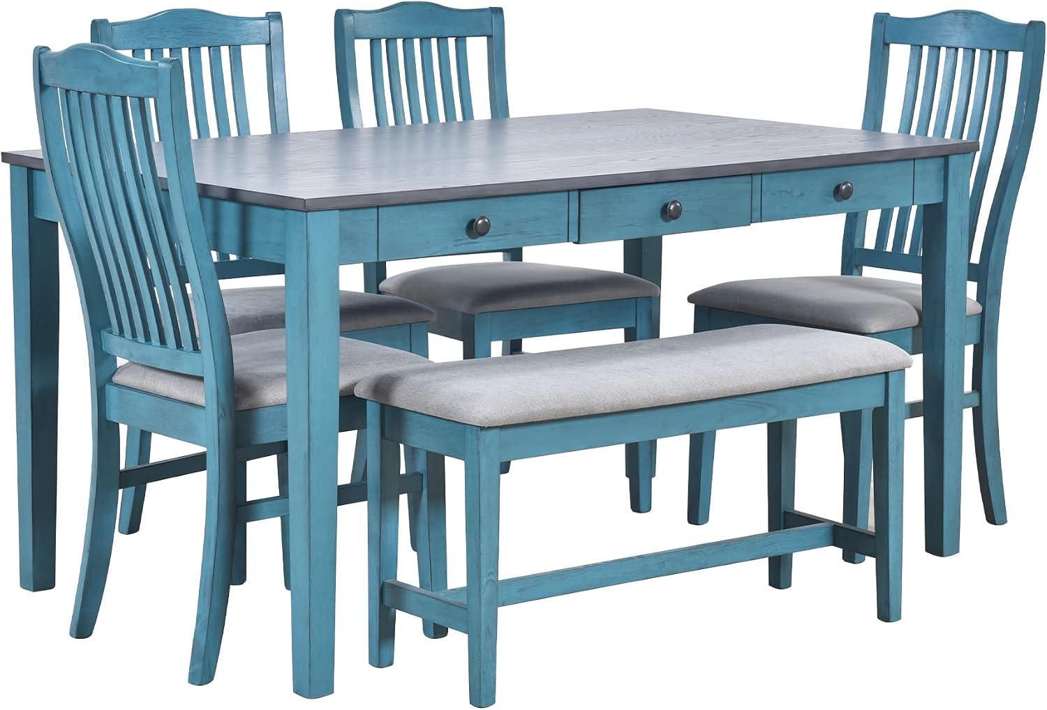 Compact 6-Piece Dining Table Set, Solid Wood Kitchen Dining Room Table Set with 4 Padded Ergonomic Chairs & Bench, 60'' Rectangular Table with Storage Drawer, Space-saving Design (Antique Blue-P)