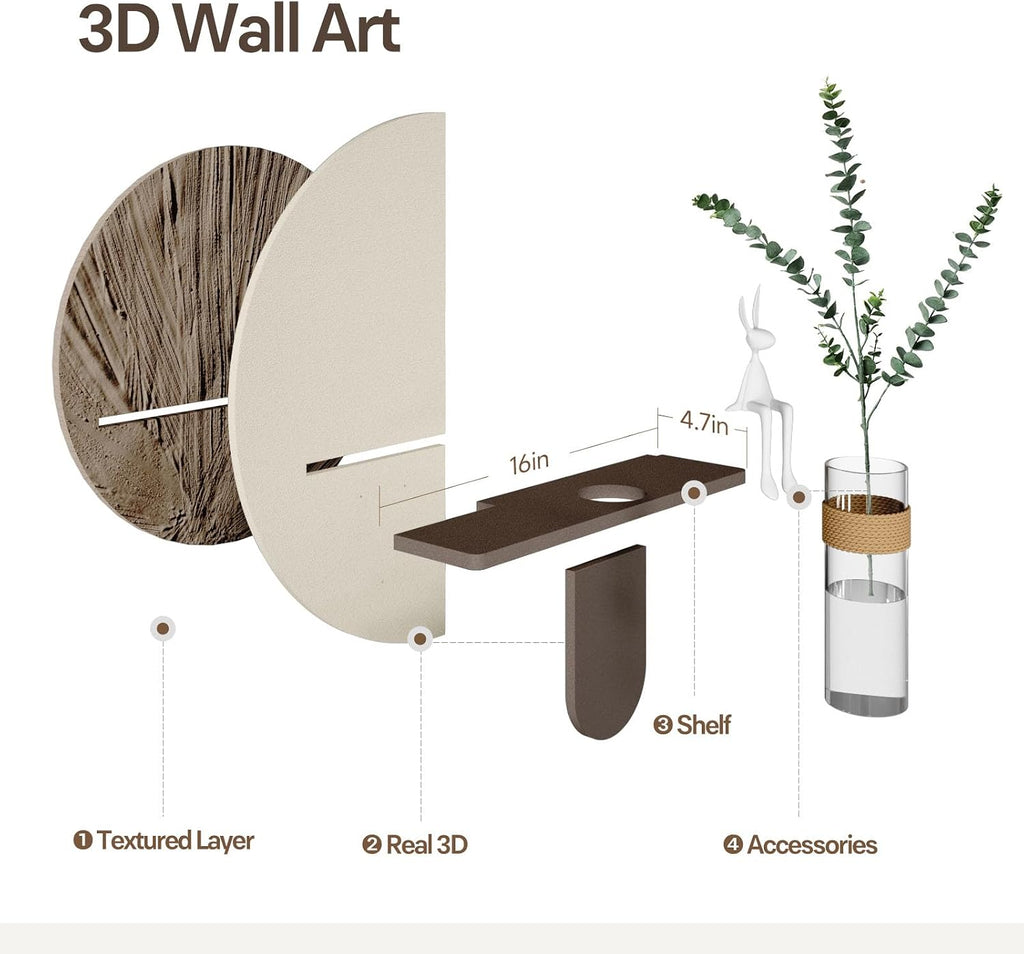 Troartos 3D Textured Neutral Abstract Wall Art with Vase, White and Brown Wall Decor with Rabbit Decoration, Minimalist Geometric Artwork for Living Room Hallway Dining Room Bedroom Office, 24x24 In