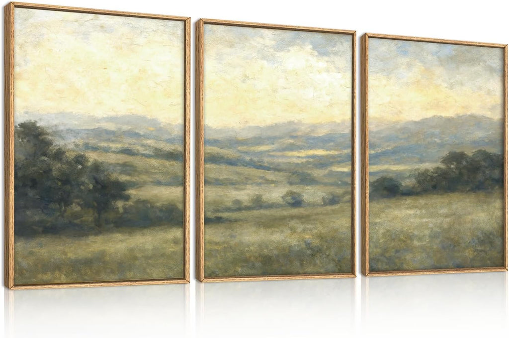 Large Vintage Green Grey Landscape Framed Canvas Wall Art Set,Abstract Rustic Countryside Forest Wall Decor,Retro Oil Painting Wilderness Artwork for Living Room,Bedroom,Farmhouse-24 x36 x3