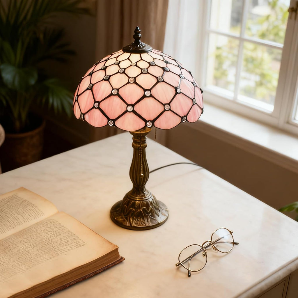 MOAN Lamp Stained Glass Table Lamp 12X12X19 Inch Bedside Reading Light Antique Bronze Base(Pink Pearl Style)