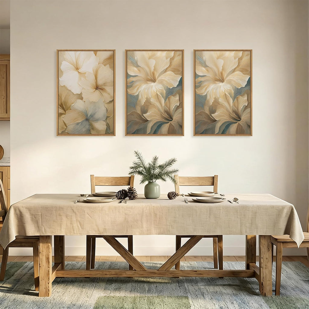 KAIRNE Neutral Beige Flower Framed Canvas Wall Art Set, Modern Magnolia Floral Wall Decor,Aesthetic Warm Wildflower Art Prints,Boho Botanical Artwork for Living Room,Bedroom,Farmhouse,Office-24'x36'x3