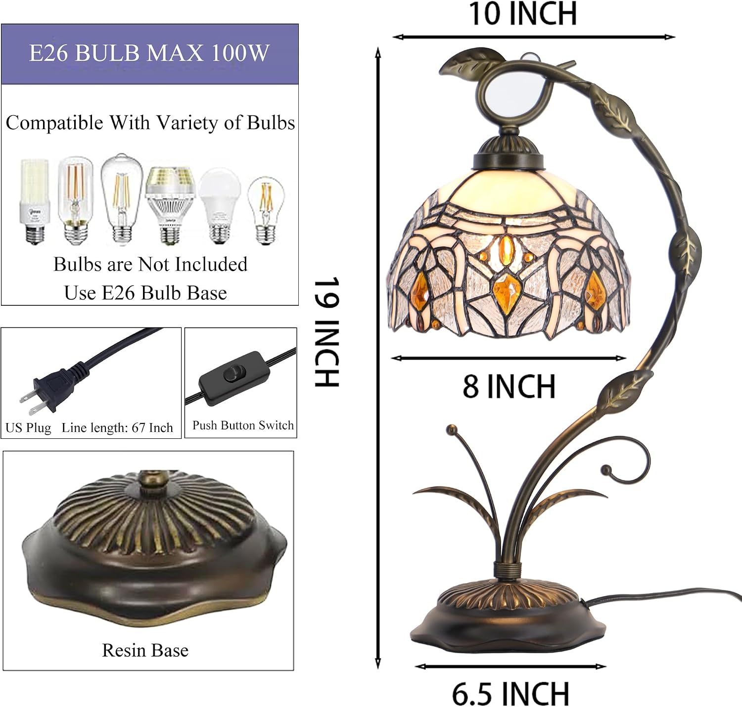 Tiffany Lamp Stained Glass Table Lamp Metal Leaf Base 8X10X19 Inch Reading Desk Light (Crystal Style)