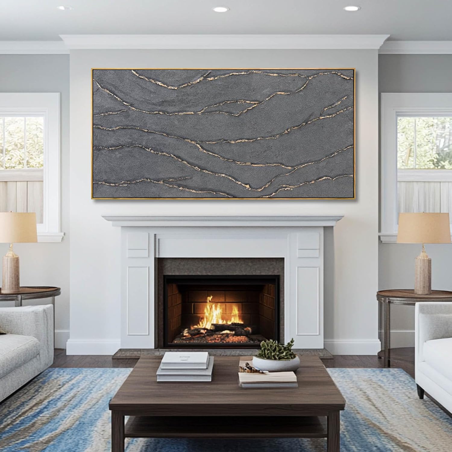 Gold and Grey Wall Art Framed Pictures Wall Decor Neutral Artwork Hand Painted 29'x58' Abstract Wall Art for Living Room Dining Room Kitchen