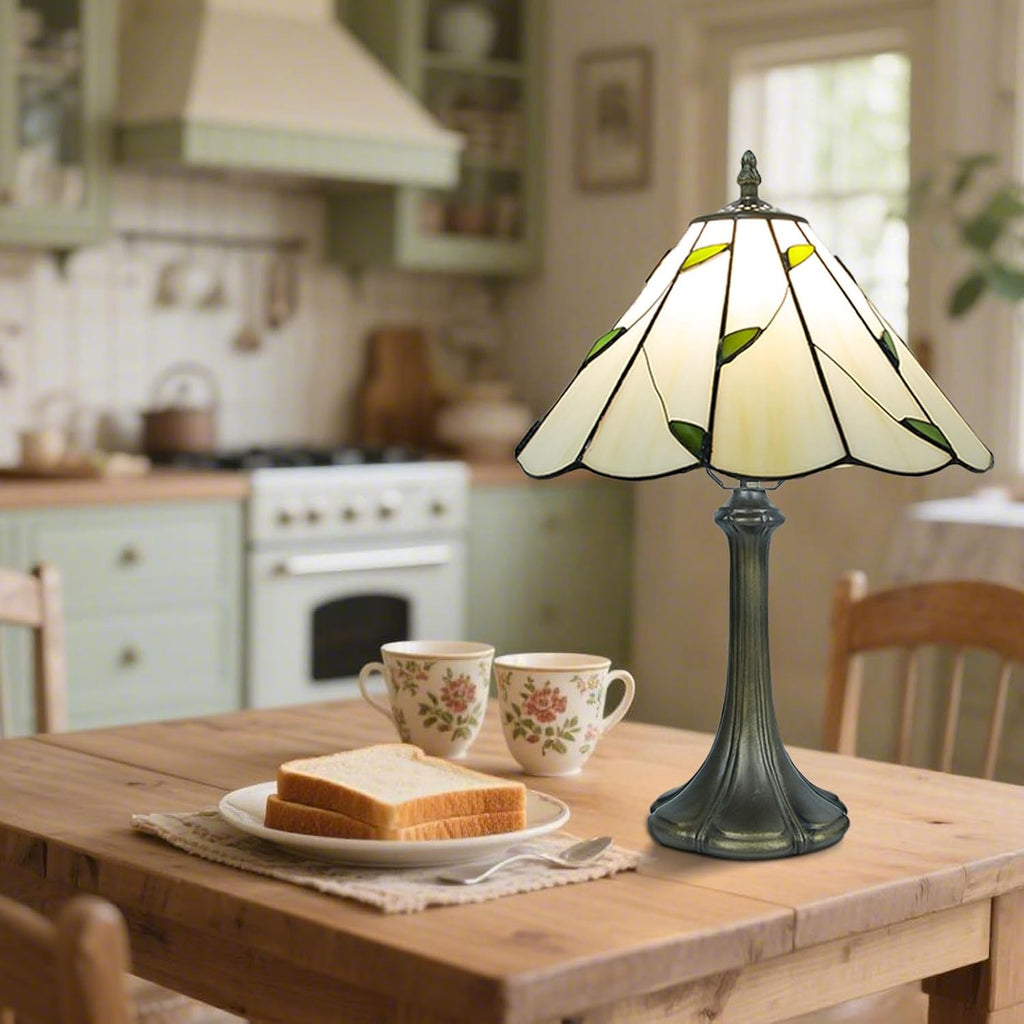Tiffany Style Table Lamp, Small Stained Glass Lamp for Bedside, Bedroom, Nightstand, Living Room, 12 Inch Mini Vintage Light Included E26 Bulbs with Remote Control (White with Leaves)