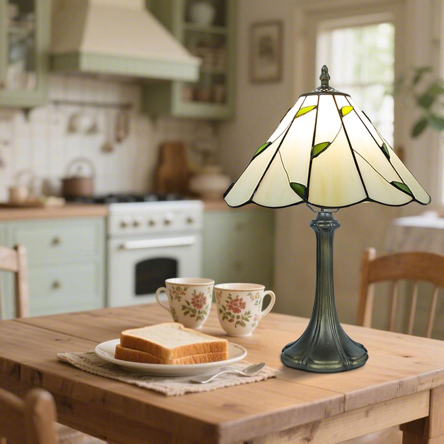 Tiffany Style Table Lamp, Small Stained Glass Lamp for Bedside, Bedroom, Nightstand, Living Room, 12 Inch Mini Vintage Light Included E26 Bulbs with Remote Control (White with Leaves)