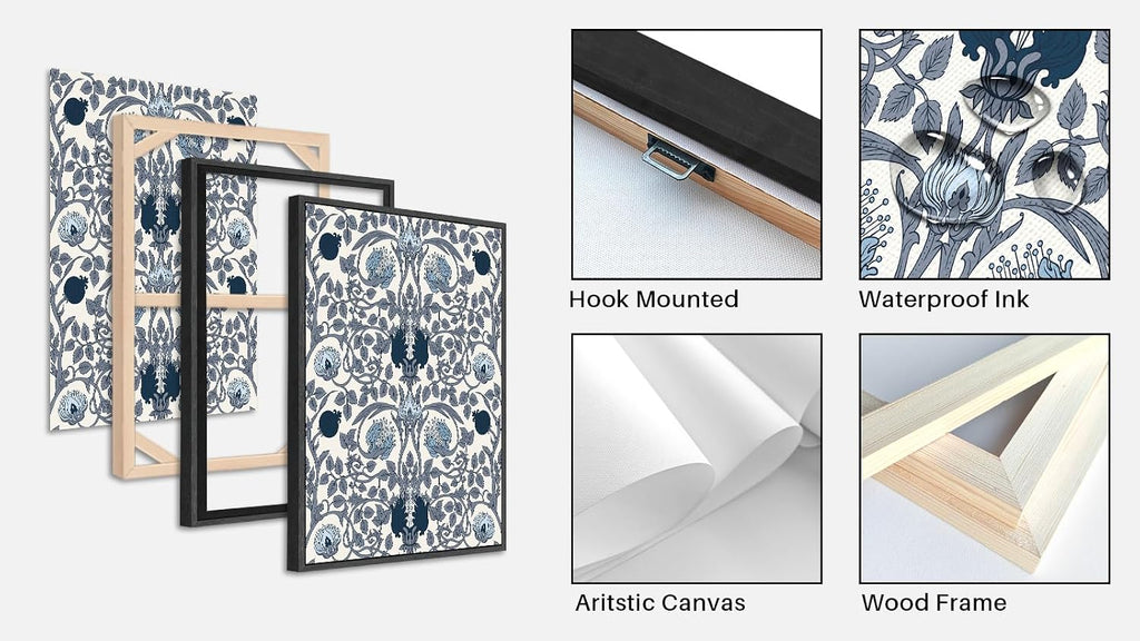Large Framed Canvas Wall Art - Navy Blue Pictures William Morris Style for Living Room Boho Prints Bird Flower Wall Decor for Bedroom Dining Room Black Float Frame 32' X 48' X 3 Pieces