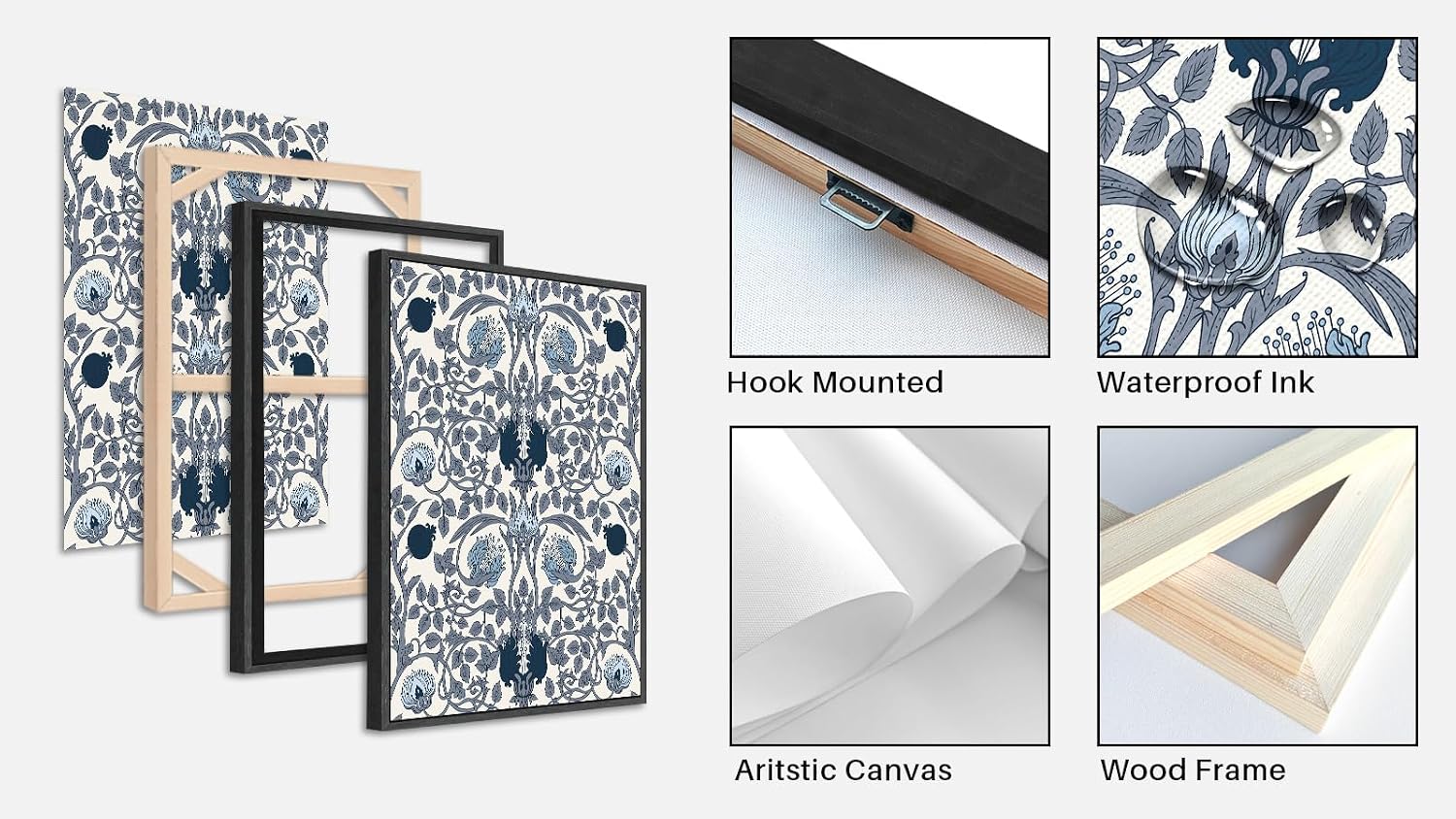 Large Framed Canvas Wall Art - Navy Blue Pictures William Morris Style for Living Room Boho Prints Bird Flower Wall Decor for Bedroom Dining Room Black Float Frame 32' X 48' X 3 Pieces
