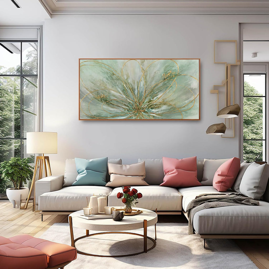 YJYart Green Abstract Canvas Artwork Flowers Wall Decor for Office Line Art Painting 24'x 48' Pictures for Bedroom Dining Room Neutral Wall Art