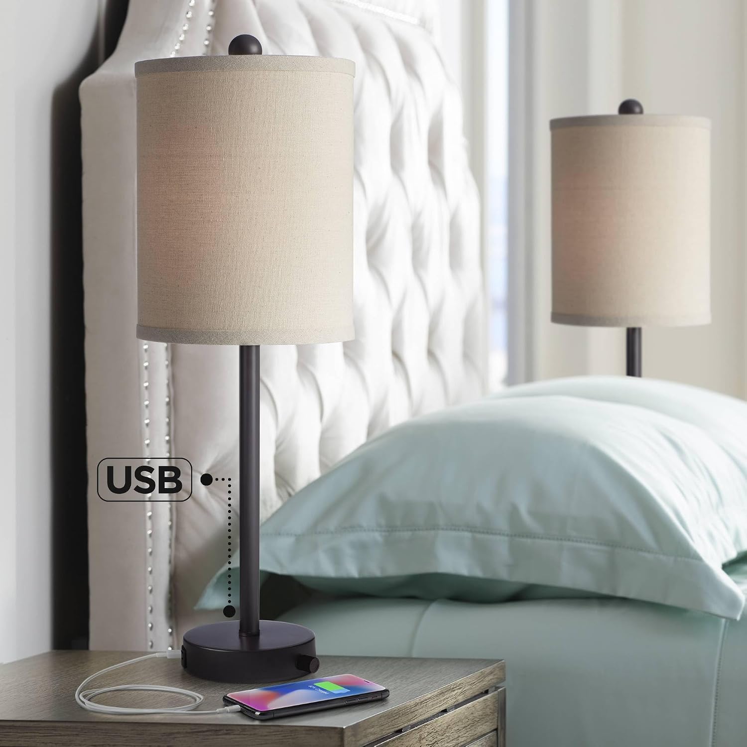 360 Lighting Trotter Modern Industrial Table Lamps 23.75' High Set of 2 with USB and Outlet in Base Dimmable LED Oil Rubbed Bronze Burlap Fabric Shades Living Room Desk Bedroom House Bedside