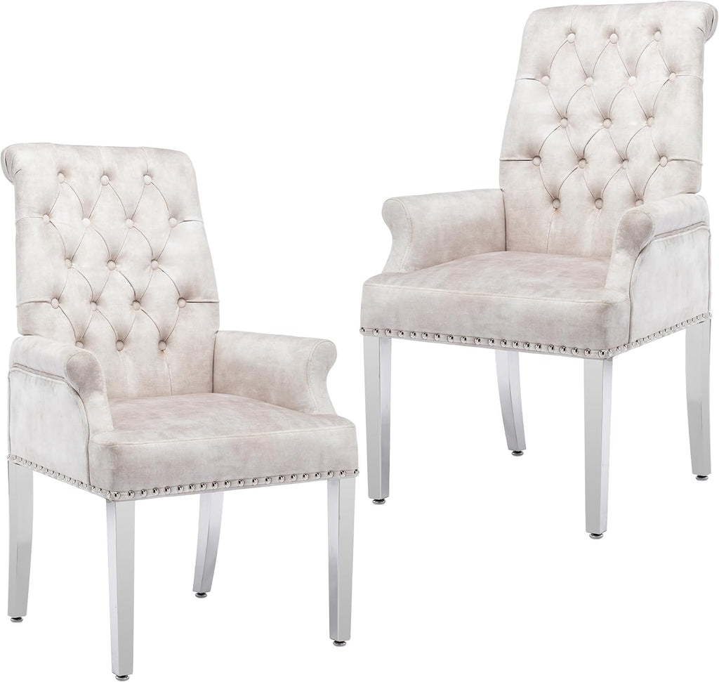 LOULENS Luxurious Velvet Dining Chairs Set of 2, Modern Upholstered Dining Chair with Arms, Tufted High Back Dining Room Chairs with Stainless Steel Leg for Kitchen & Dining Room, Beige