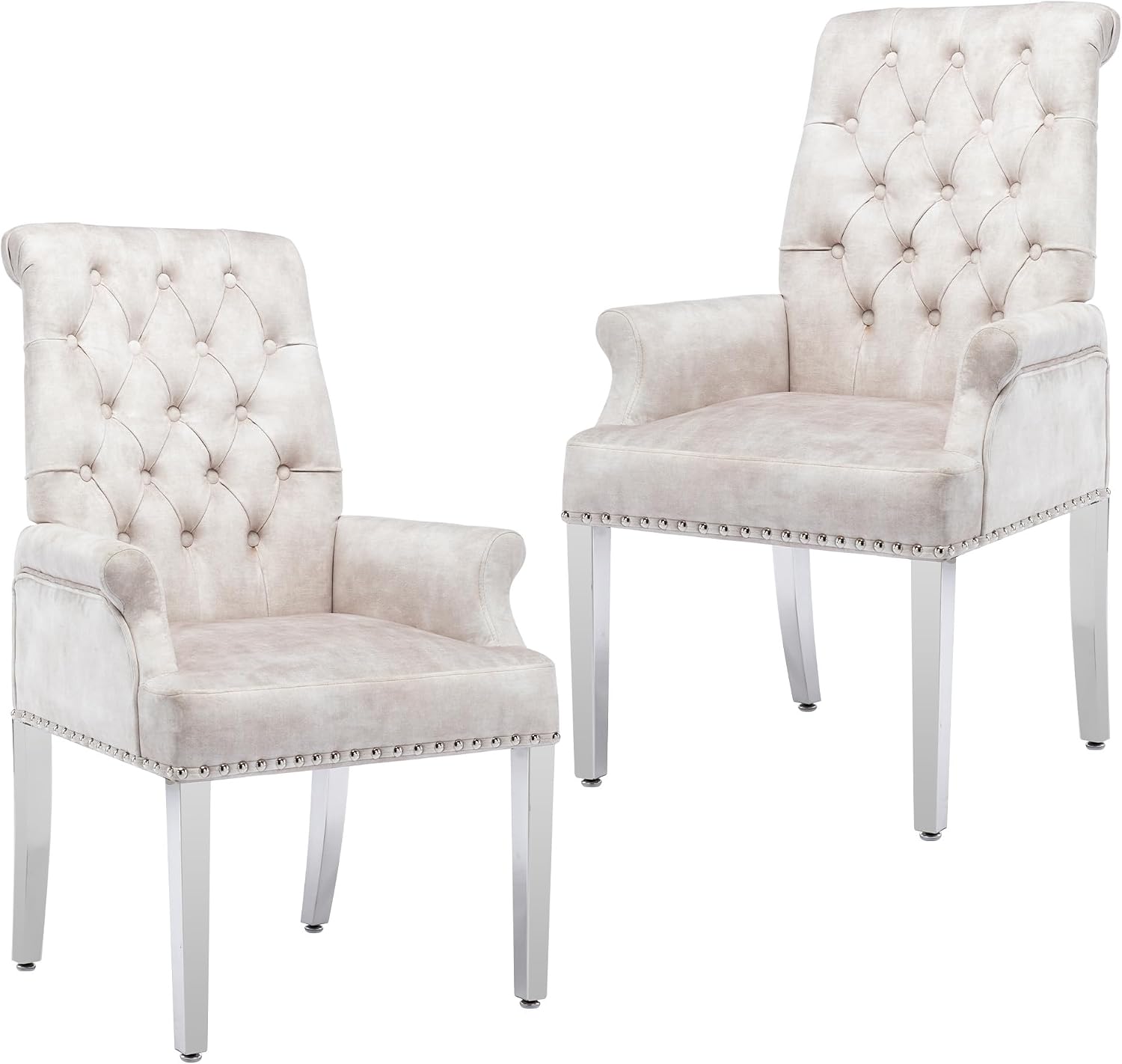 LOULENS Luxurious Velvet Dining Chairs Set of 2, Modern Upholstered Dining Chair with Arms, Tufted High Back Dining Room Chairs with Stainless Steel Leg for Kitchen & Dining Room, Beige