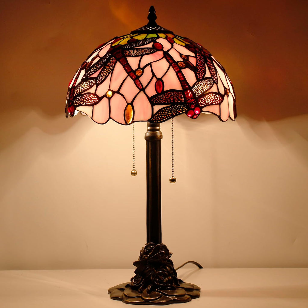 Tiffany Table Lamp Stained Glass Desk Lamp 12X12X21Inch Resin Base for Bedroom Living Room Reading Light (Pink Dragonfly)