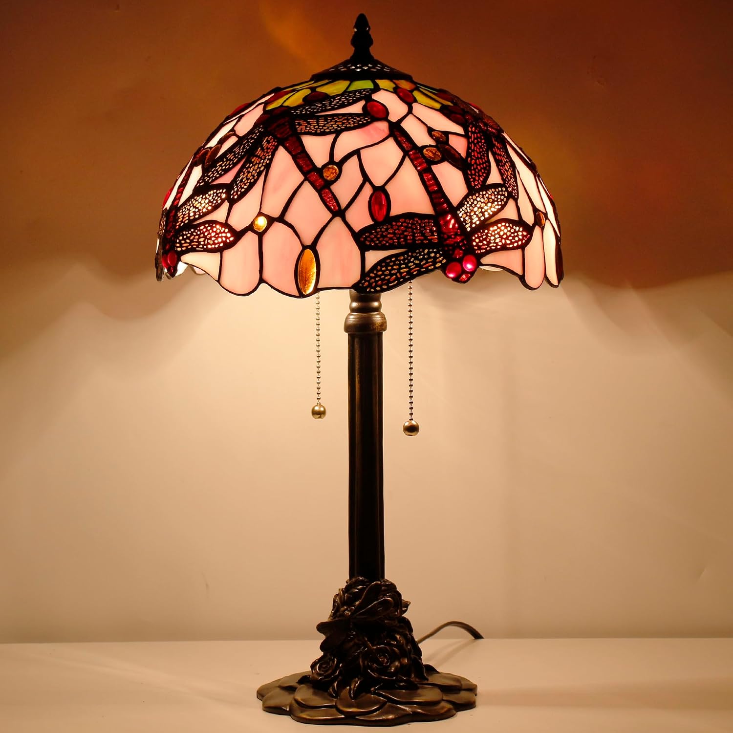Tiffany Table Lamp Stained Glass Desk Lamp 12X12X21Inch Resin Base for Bedroom Living Room Reading Light (Pink Dragonfly)