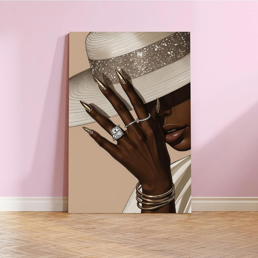 Fashion wall painting Black girl with white hat Canvas painting African poster is a good choice for room decoration Simple art 28x40in Wood Framed