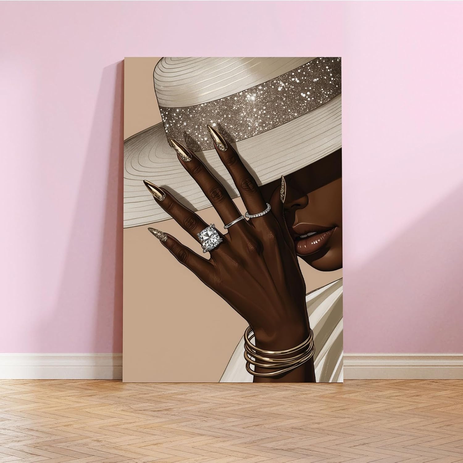 Fashion wall painting Black girl with white hat Canvas painting African poster is a good choice for room decoration Simple art 28x40in Wood Framed