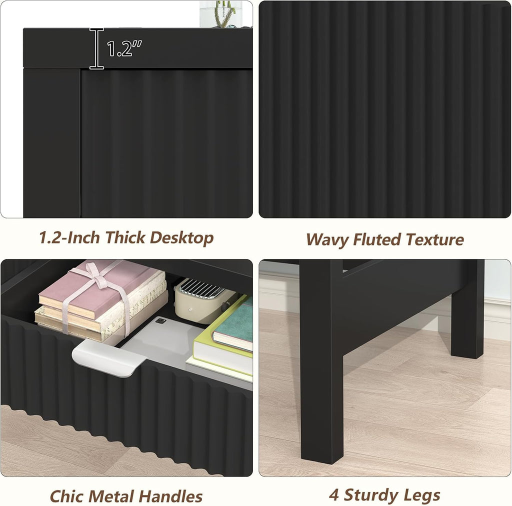 YOMILUVE Fluted Computer Desk with 2 Drawers, 39 Inch Small Computer Desk with Storage, Compact Writing Study Desk for Small Spaces, Black