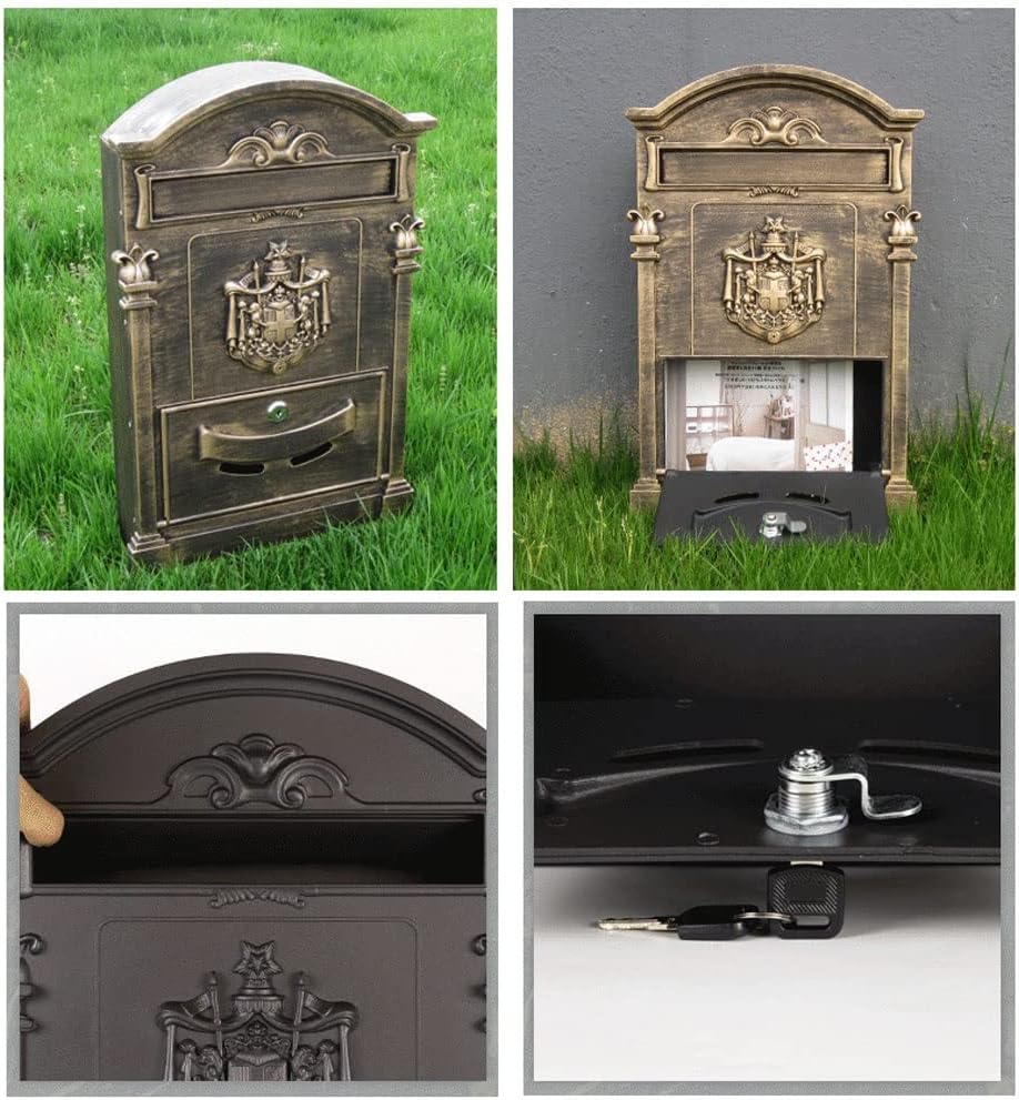 Mailbox Wall Mount, Secure Mail Box with Key Lock, Large Capacity Locking Mailbox for Outside, Rust-Proof Metal Post Box (Gray : Gold)