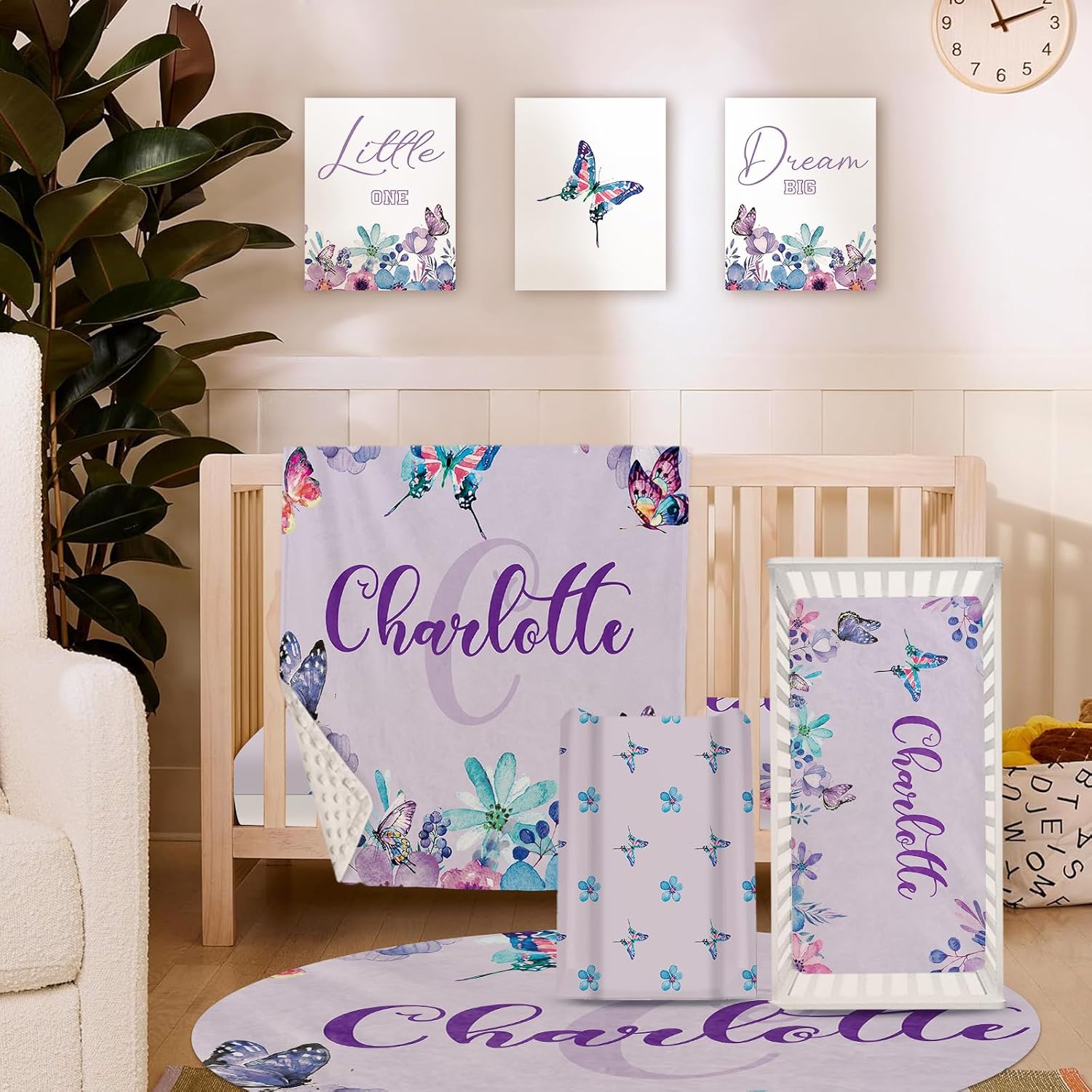 TOOTANN Custom Baby Crib Bedding Set, 5 Pcs Personalized Name Baby Crib Sheets for Kid Toddler Infant, Light Purple Background with Butterflies Nursery Bedding Set
