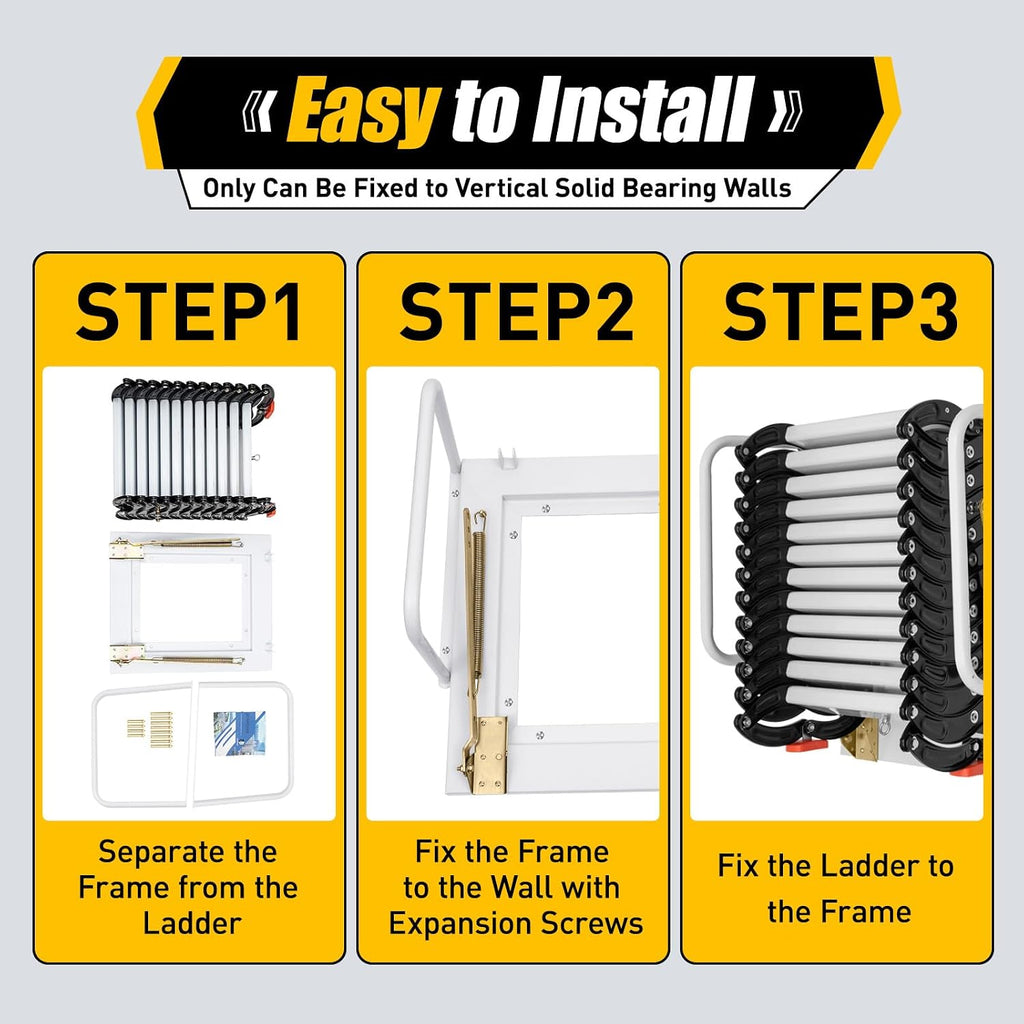 12 Steps Attic Ladder, Wall Mounted Pull Down Loft Steps Folding Stairs, 9.5-10.1Ft Height Aluminum Alloy Narrow Attic Extension Ladder w/Armrests for Basements Warehouses (12, Black2)