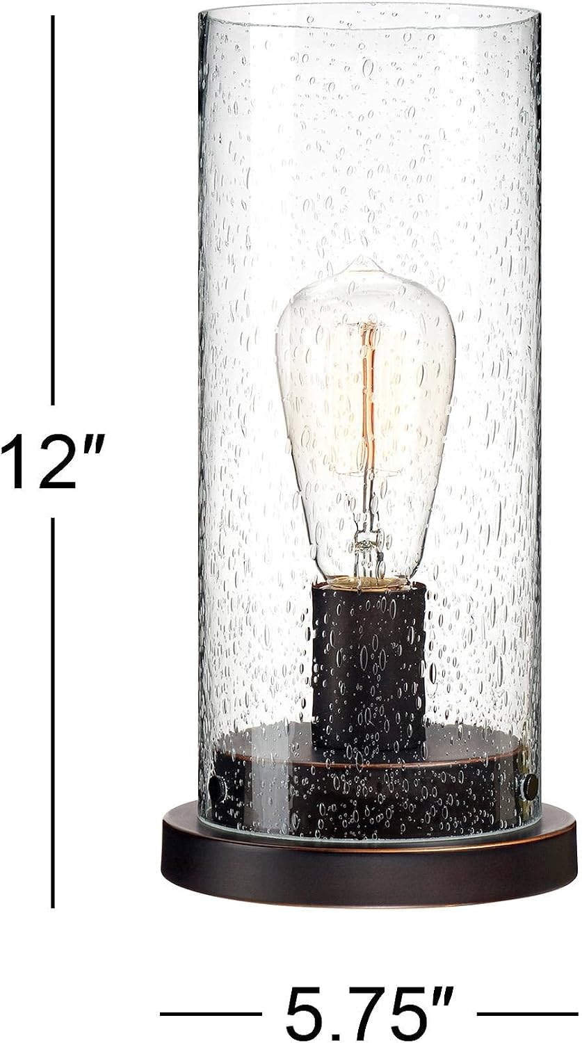 360 Lighting Libby Industrial Rustic Accent Table Lamps 12' High Set of 2 LED Bronze Metal Seeded Glass Cylinder Shade Vintage Edison Bulbs for Bedroom House Bedside Nightstand Home Office
