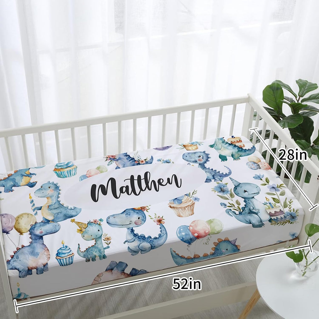 Personalized Crib Bedding Set for Baby Boys Girls, Custom Name Baby Crib Sets 5-Pcs - Toddler Double Layer Blanket Fitted Sheet Changing Pad Cover Rug Wall Art Set, Dinosaur Theme Nursery Décor