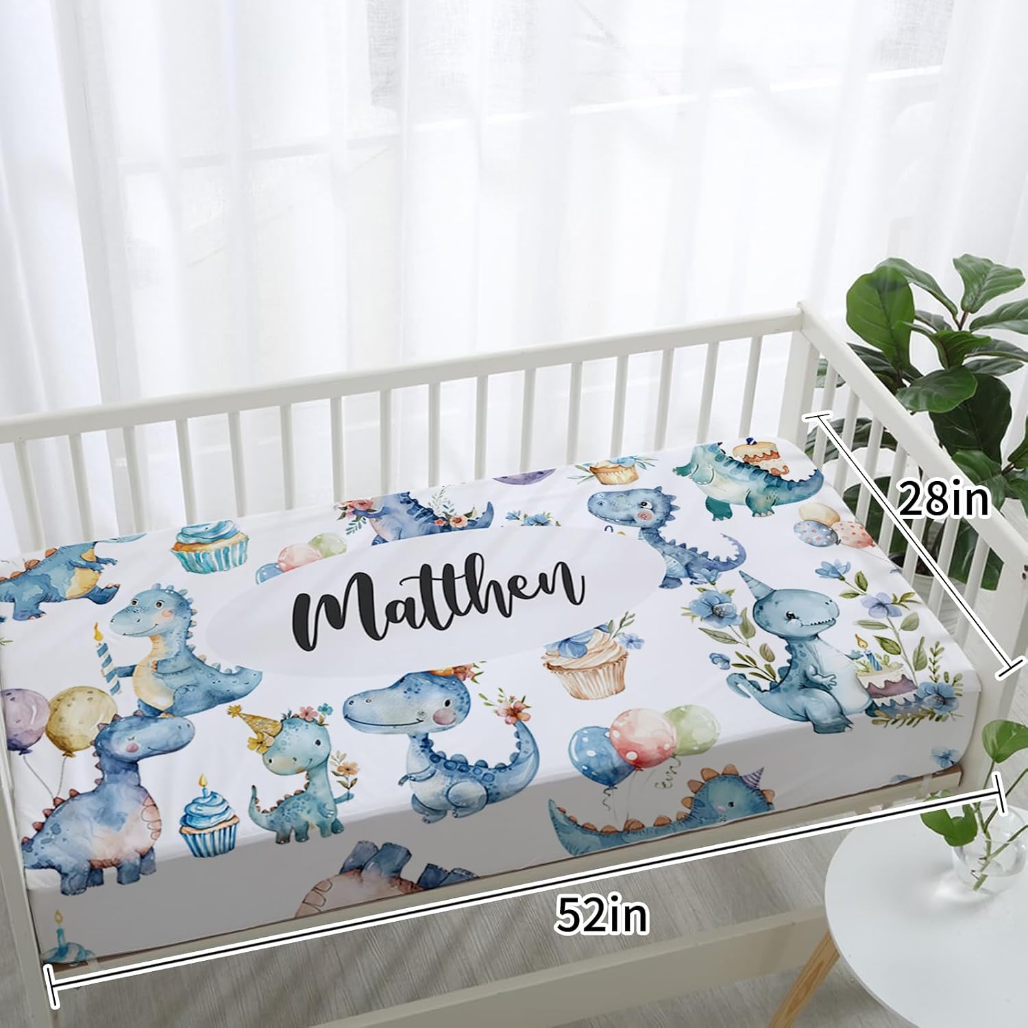 Personalized Crib Bedding Set for Baby Boys Girls, Custom Name Baby Crib Sets 5-Pcs - Toddler Double Layer Blanket Fitted Sheet Changing Pad Cover Rug Wall Art Set, Dinosaur Theme Nursery Décor