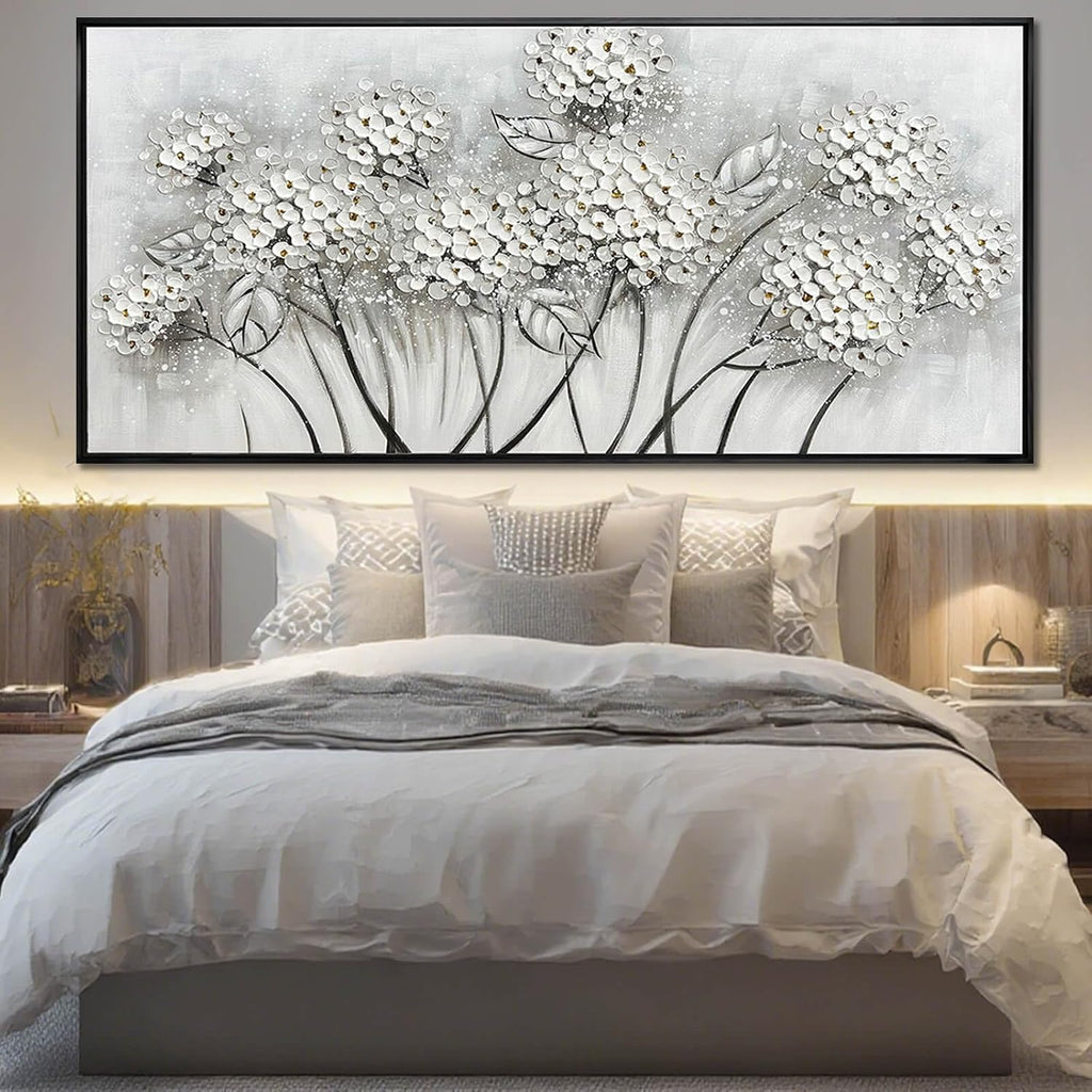 Kureful Grey and White Hand Painted Wall Art Flower Canvas Artwork Contemporary Oil Paintings 40'x86' Decorations for Bedroom Office
