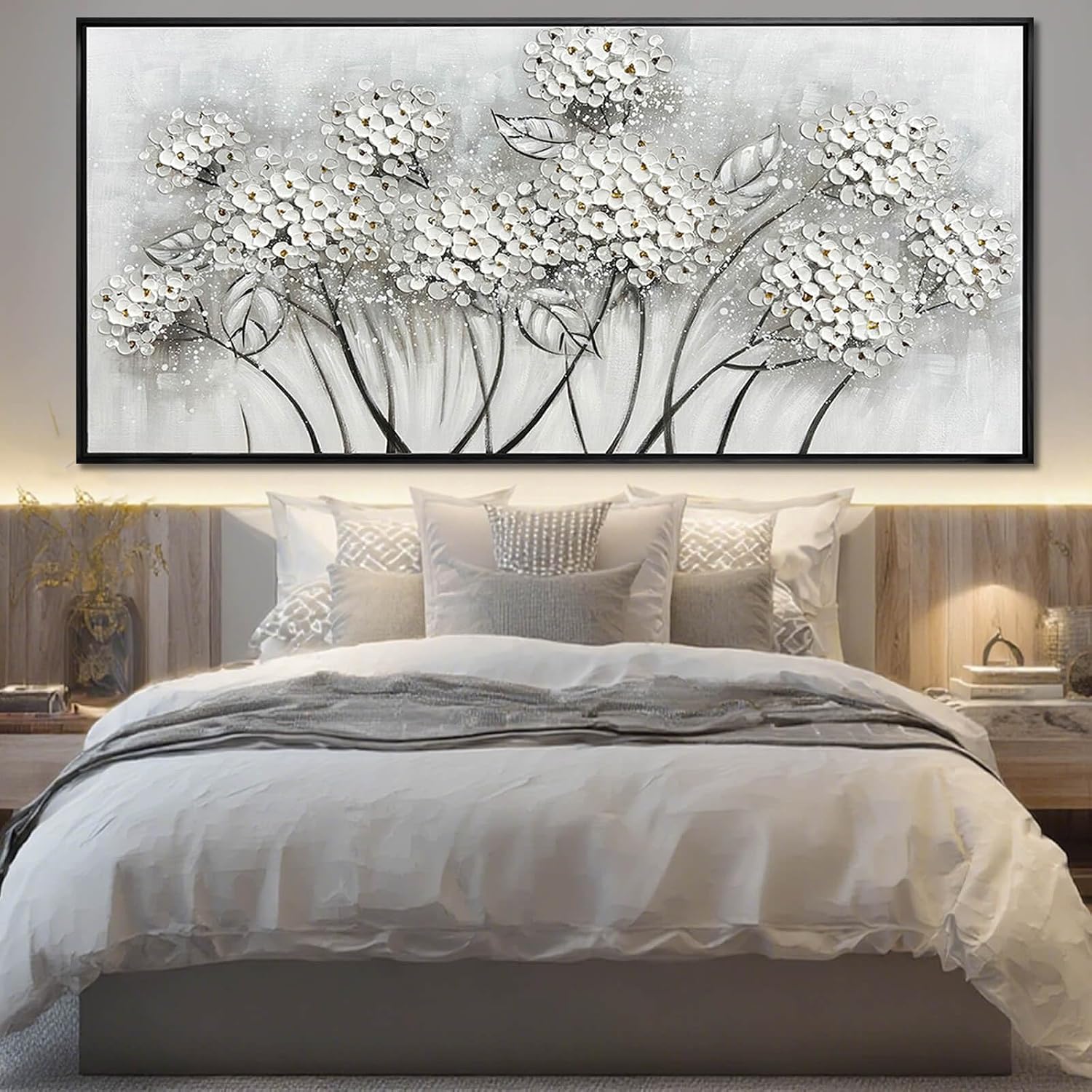 Kureful Grey and White Hand Painted Wall Art Flower Canvas Artwork Contemporary Oil Paintings 40'x86' Decorations for Bedroom Office
