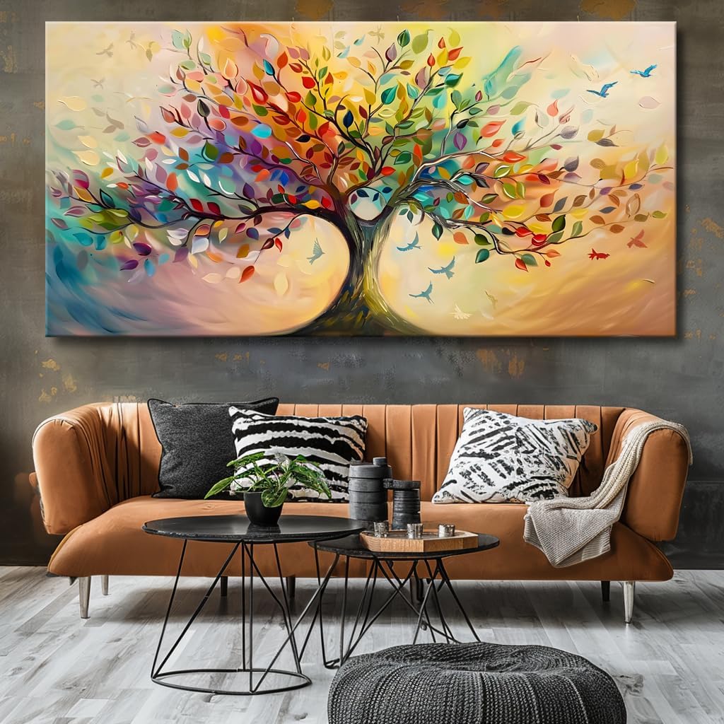 Vibrant Tree of Life Wall Art Colorful Framed Canvas Print for Living Room, Bedroom, Dining Room, or Home Office Modern Ready to Hang Decor,Nature Inspired Home Decoration - 71'x36'