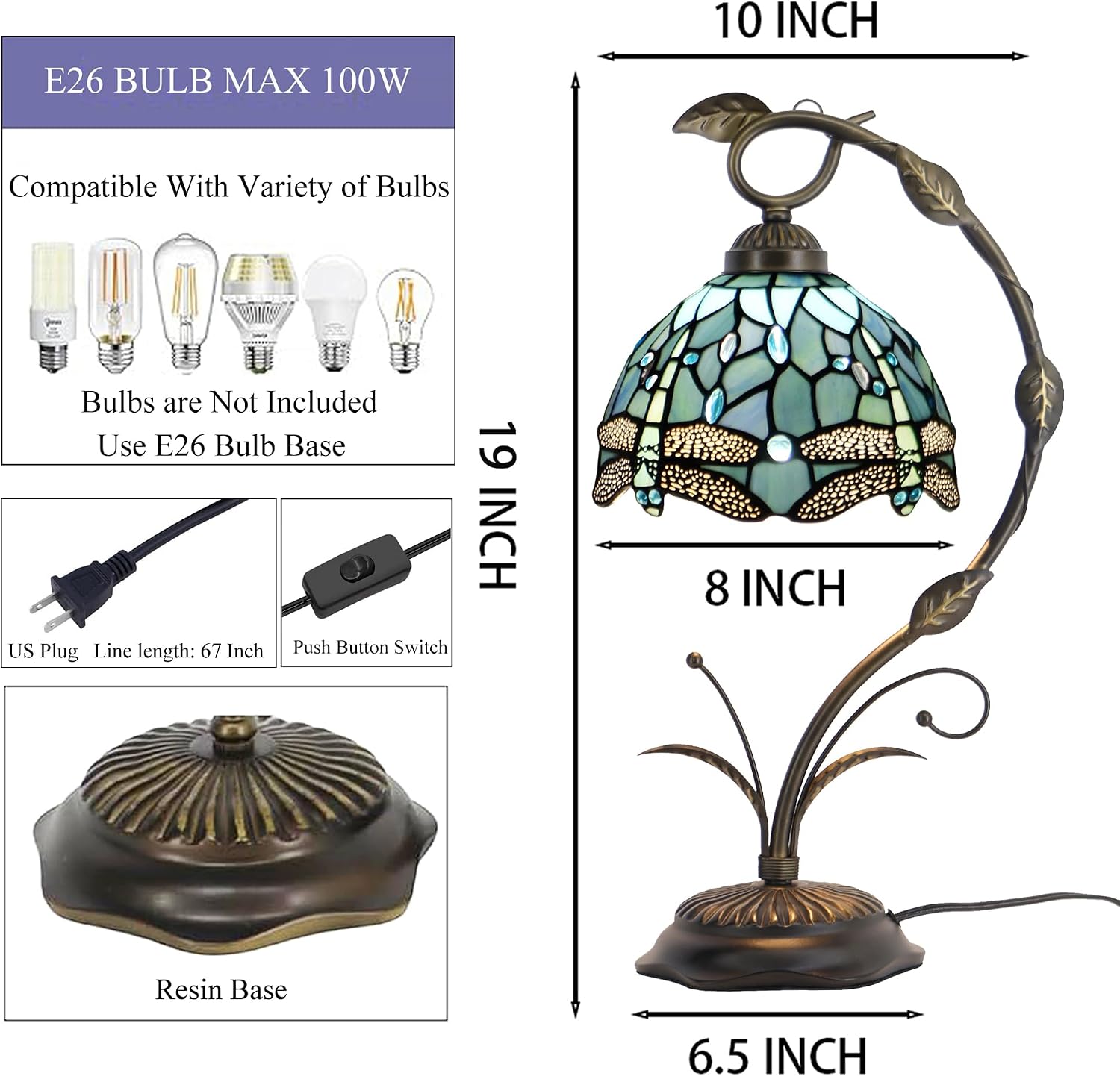 Tiffany Lamp Stained Glass Table Lamp Metal Leaf Base 8X10X19 Inch Reading Desk Light (Sea Blue Dragonfly)