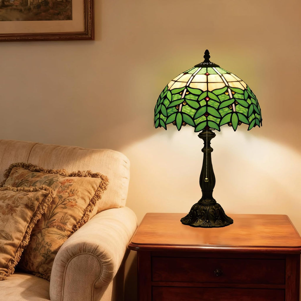 Tiffany Style Stained Glass Table Lamp 12-inch Dia Natural Green Leaf Design Lampshade Nightstand Light for Bedroom Dining Dorm Living Hallway Cottage Office Cafe Ceremony Housewarming Gift