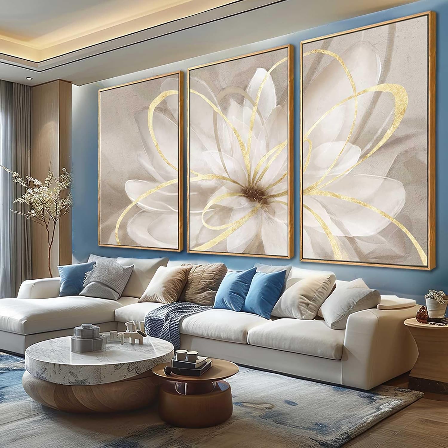 SOUGUAN Living Room Decor White Flower Artwork Gold Canvas Wall Art Abstract Line Painting for Bedroom Kitchen Dining Room Home Wall Decor 26'x40'x 3 Pieces