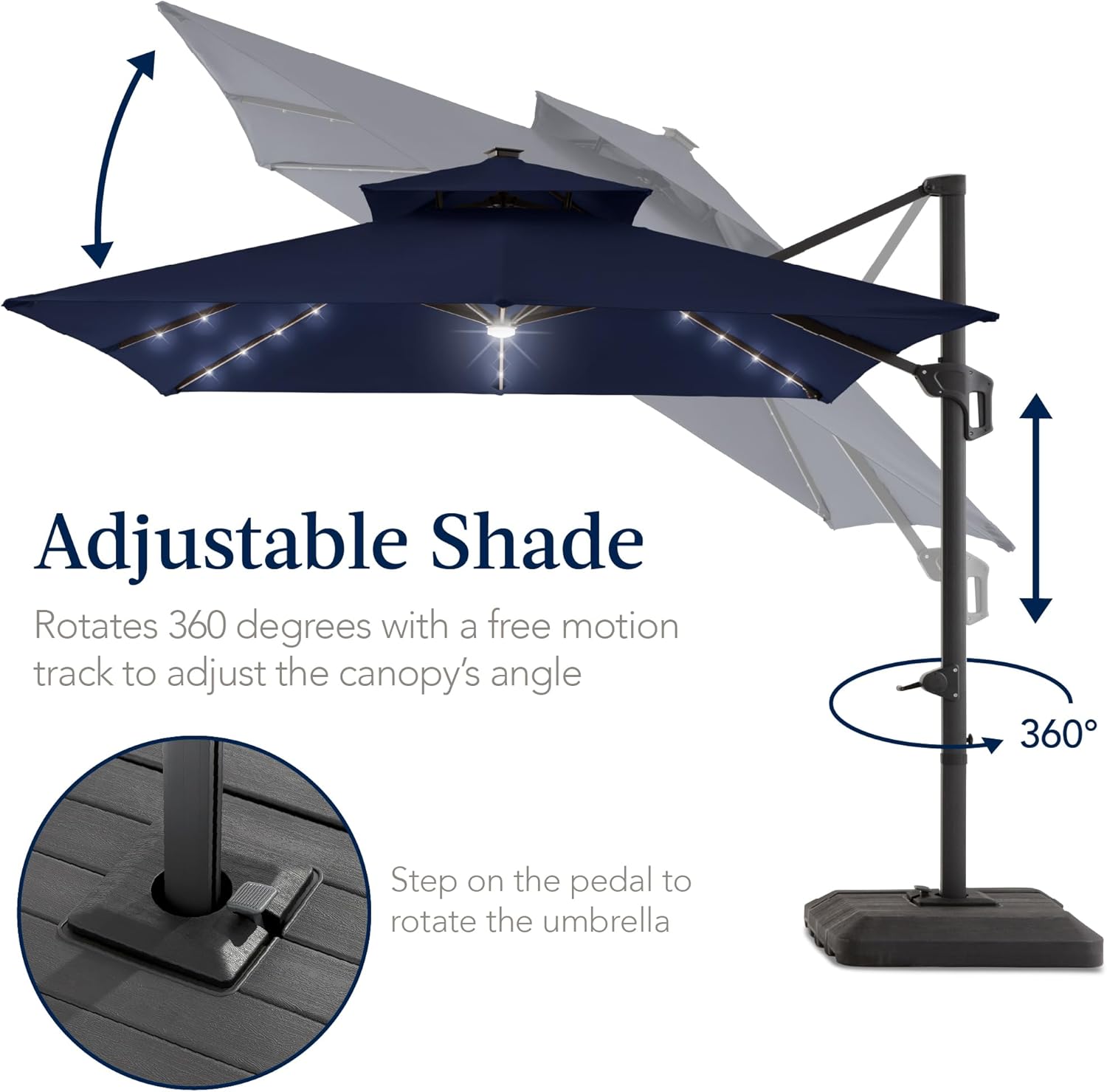 Best Choice Products 9x12ft LED Cantilever Patio Umbrella w/Base Included & 360° Rotation, Large Solar Offset Hanging Outdoor Sun Shade for Deck, Backyard Table w/Stand & Lights – Navy Blue
